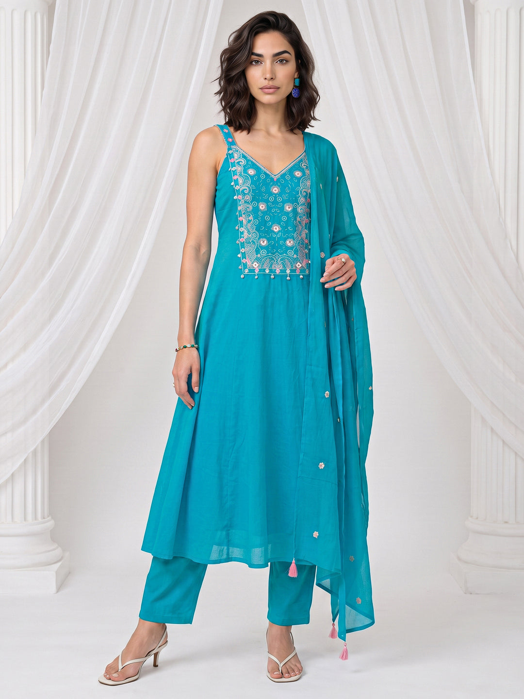  Libas Blue Yoke Design Strappy Cotton A-Line Suit Set 