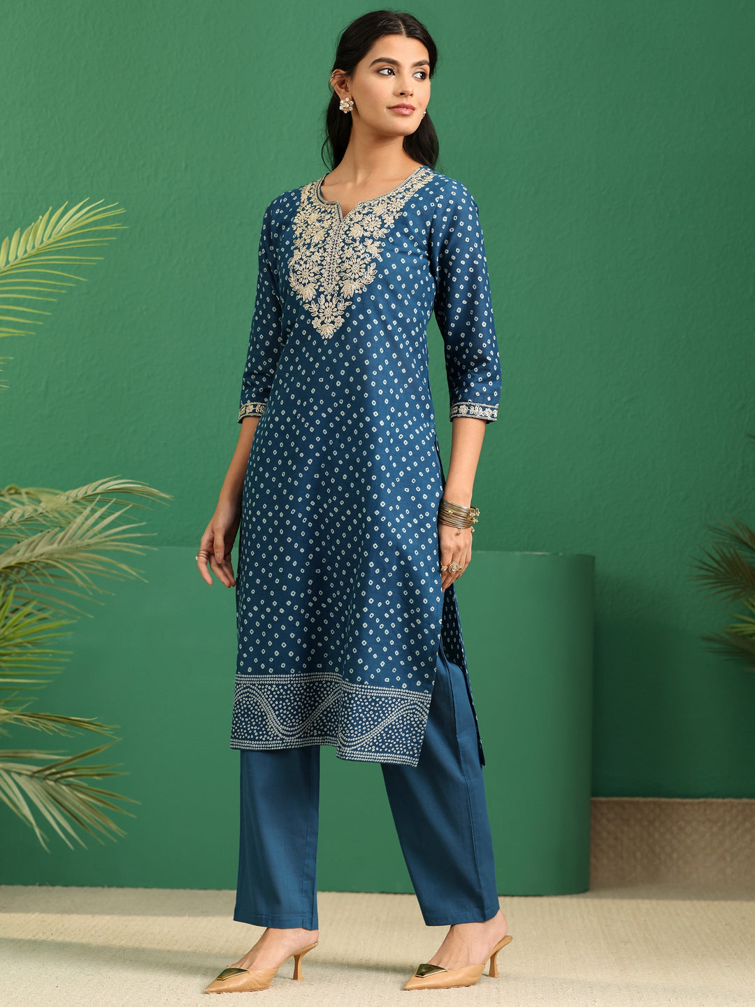  Libas Peacock Blue Bandhani Cotton Straight Suit Set 