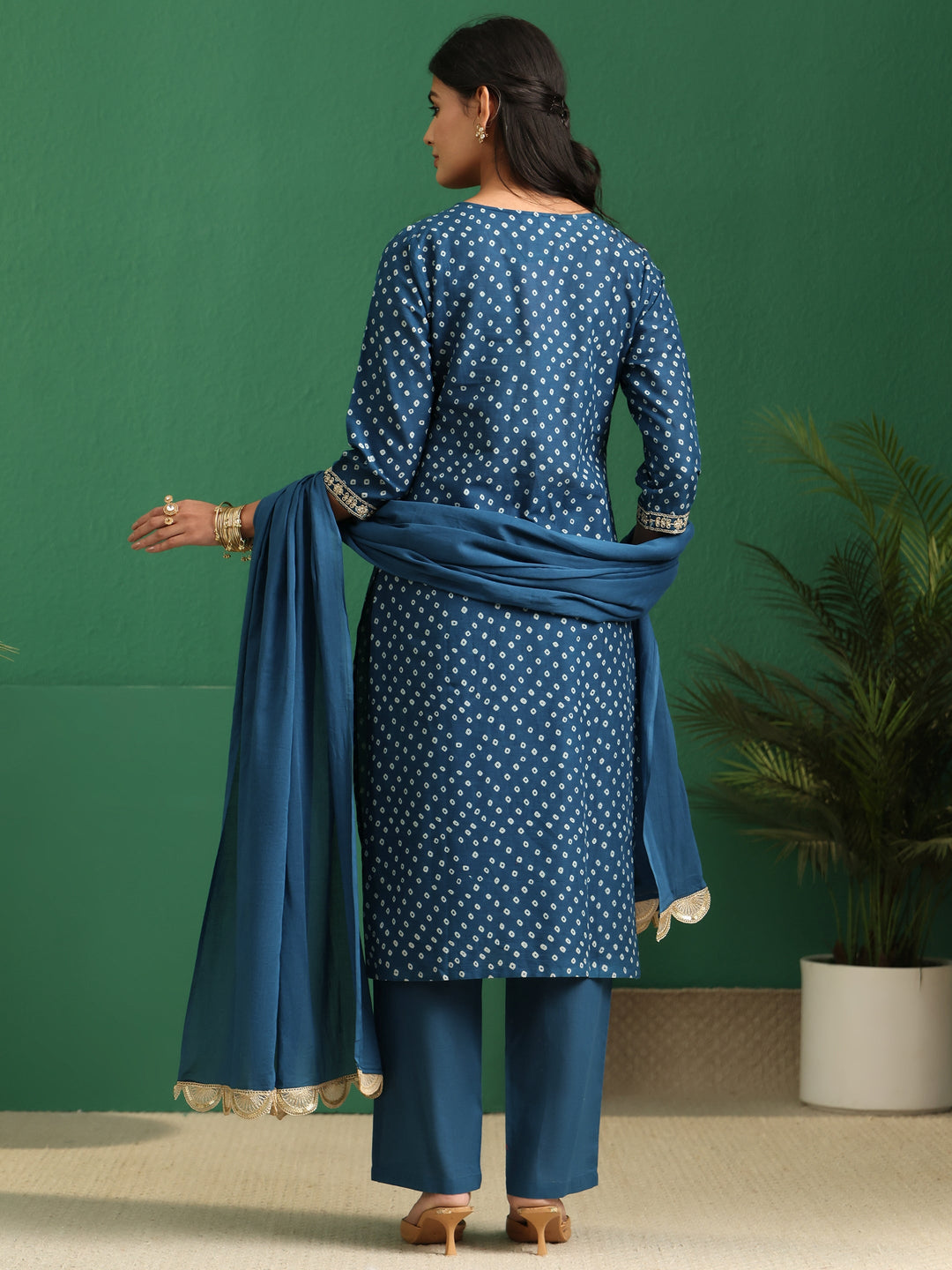  Libas Peacock Blue Bandhani Cotton Straight Suit Set 
