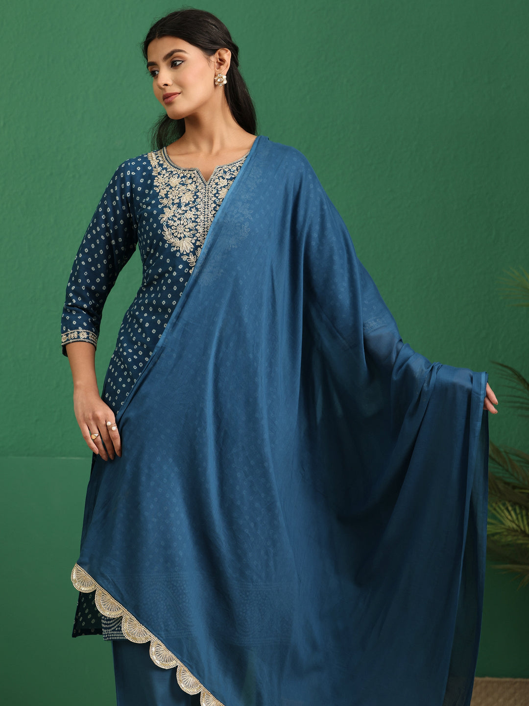  Libas Peacock Blue Bandhani Cotton Straight Suit Set 