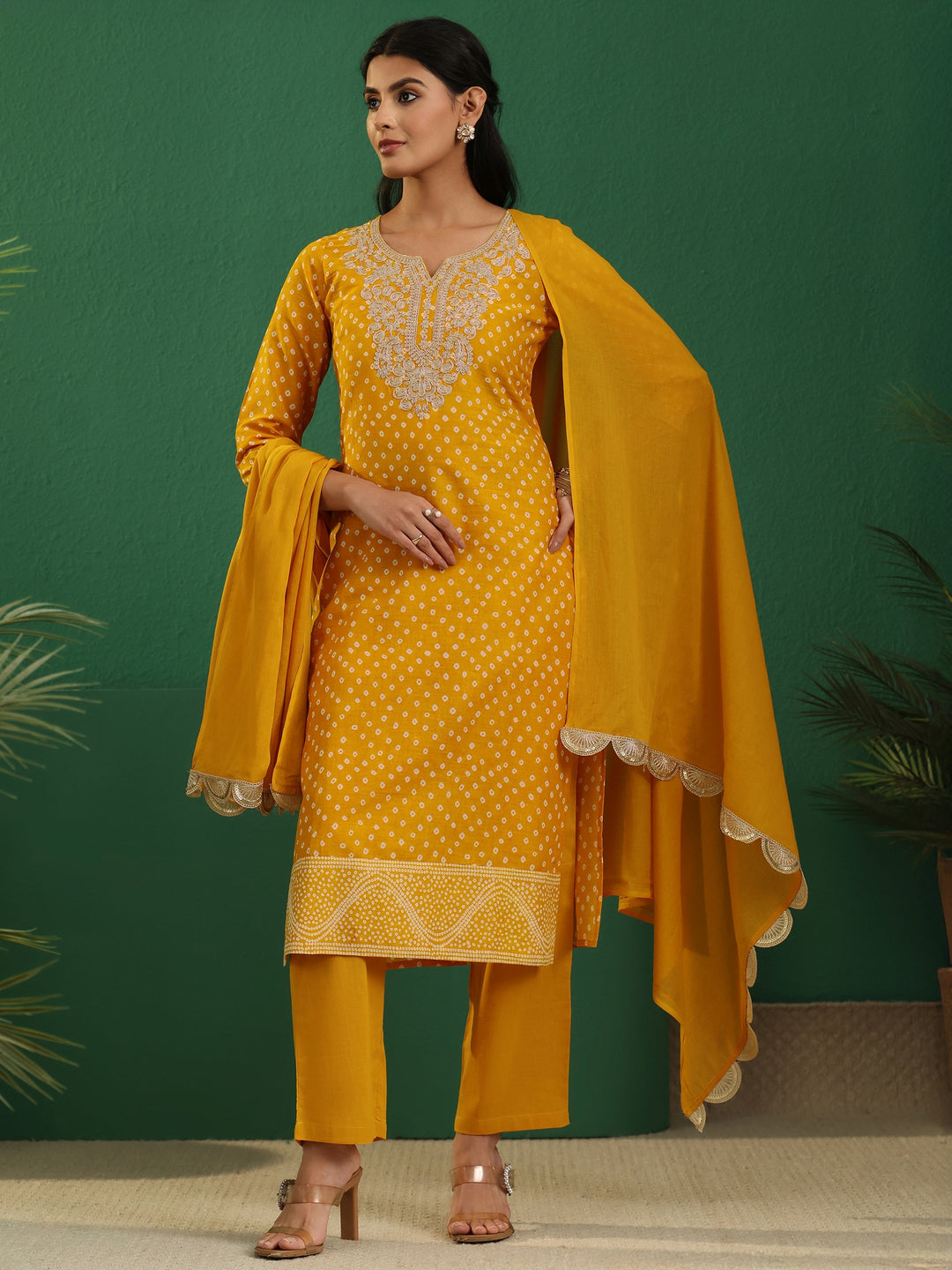  Libas Mustard Bandhani Cotton Straight Suit Set 