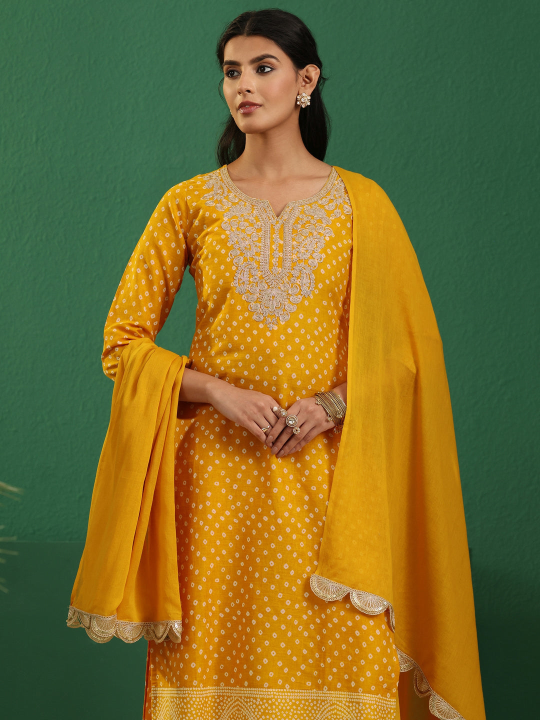  Libas Mustard Bandhani Cotton Straight Suit Set 