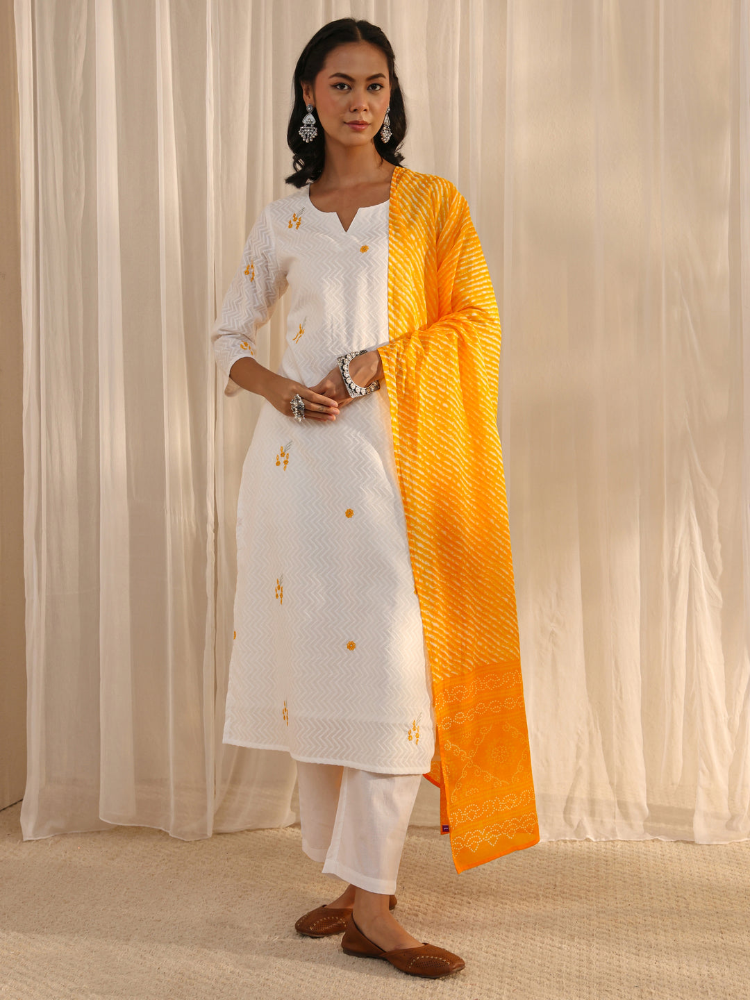  White Chevron Embroidered Cotton Straight Suit Set With Dupatta 