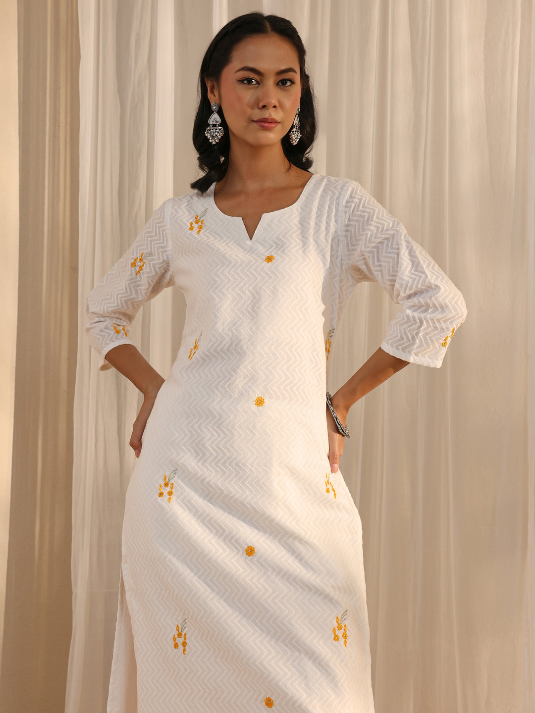  White Chevron Embroidered Cotton Straight Suit Set With Dupatta 