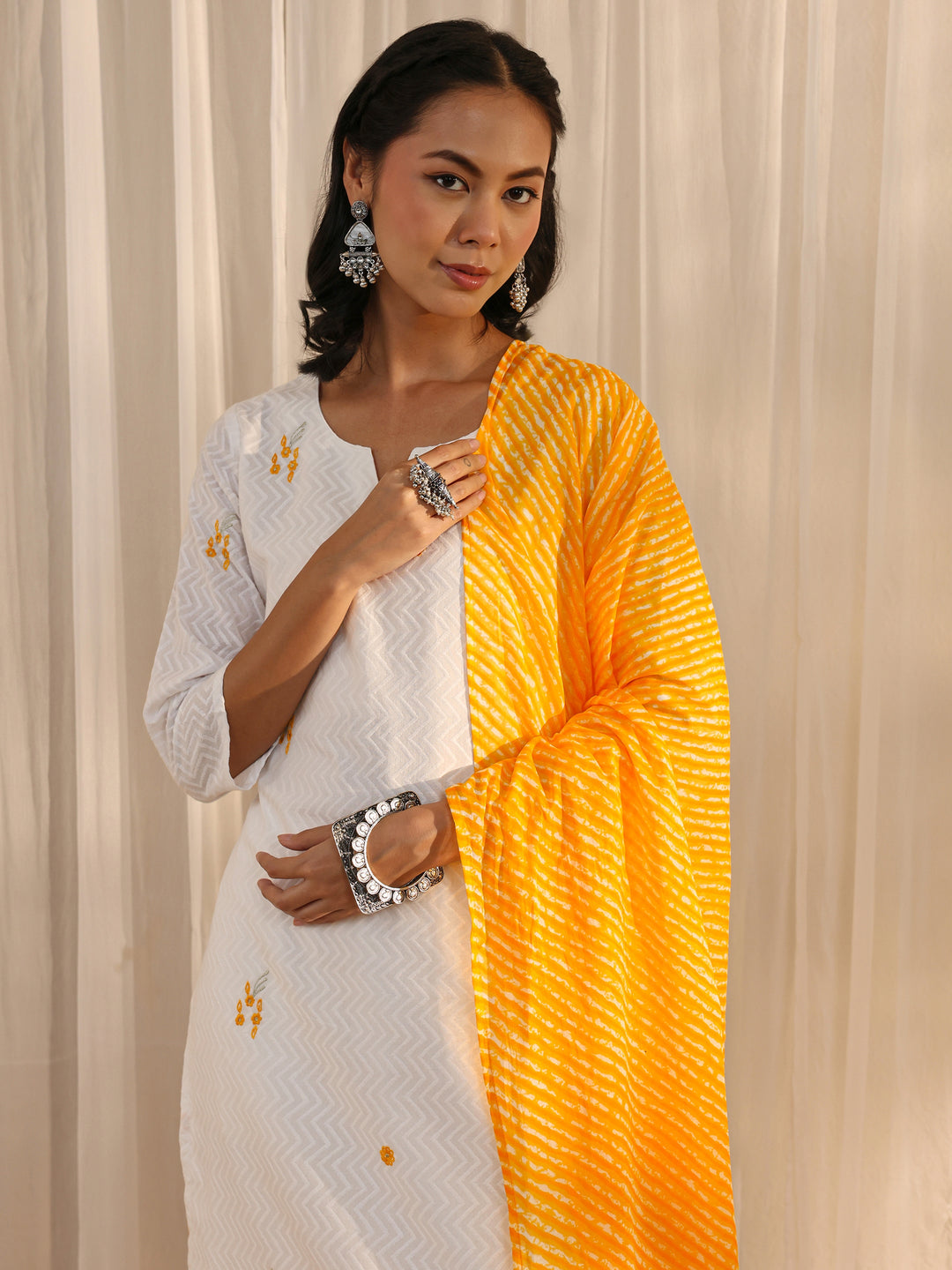  White Chevron Embroidered Cotton Straight Suit Set With Dupatta 