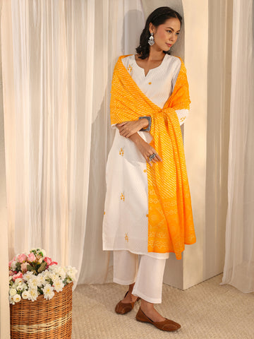 White Chevron Embroidered Cotton Straight Suit Set With Dupatta