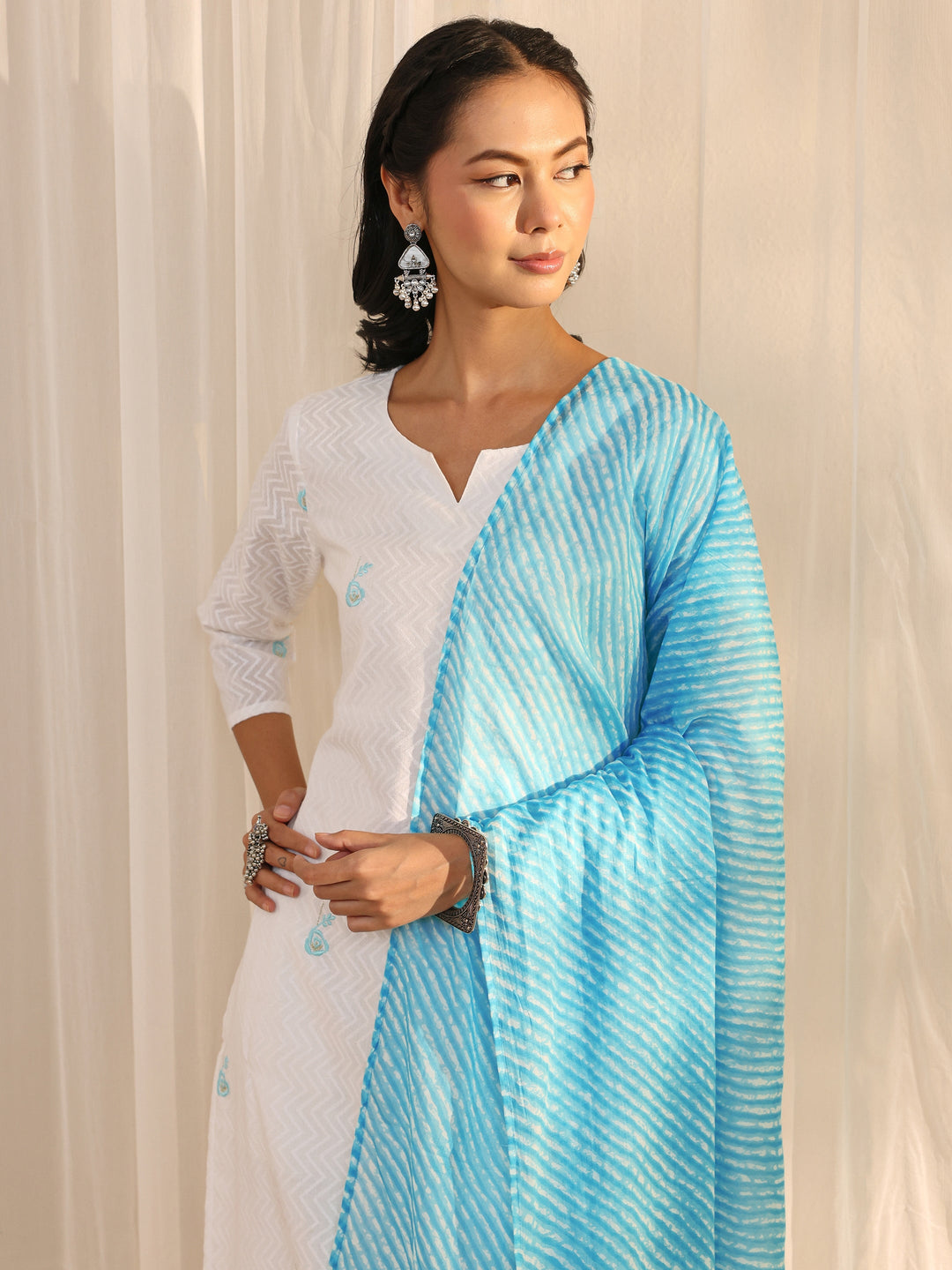  White Chevron Embroidered Cotton Straight Suit Set With Dupatta 