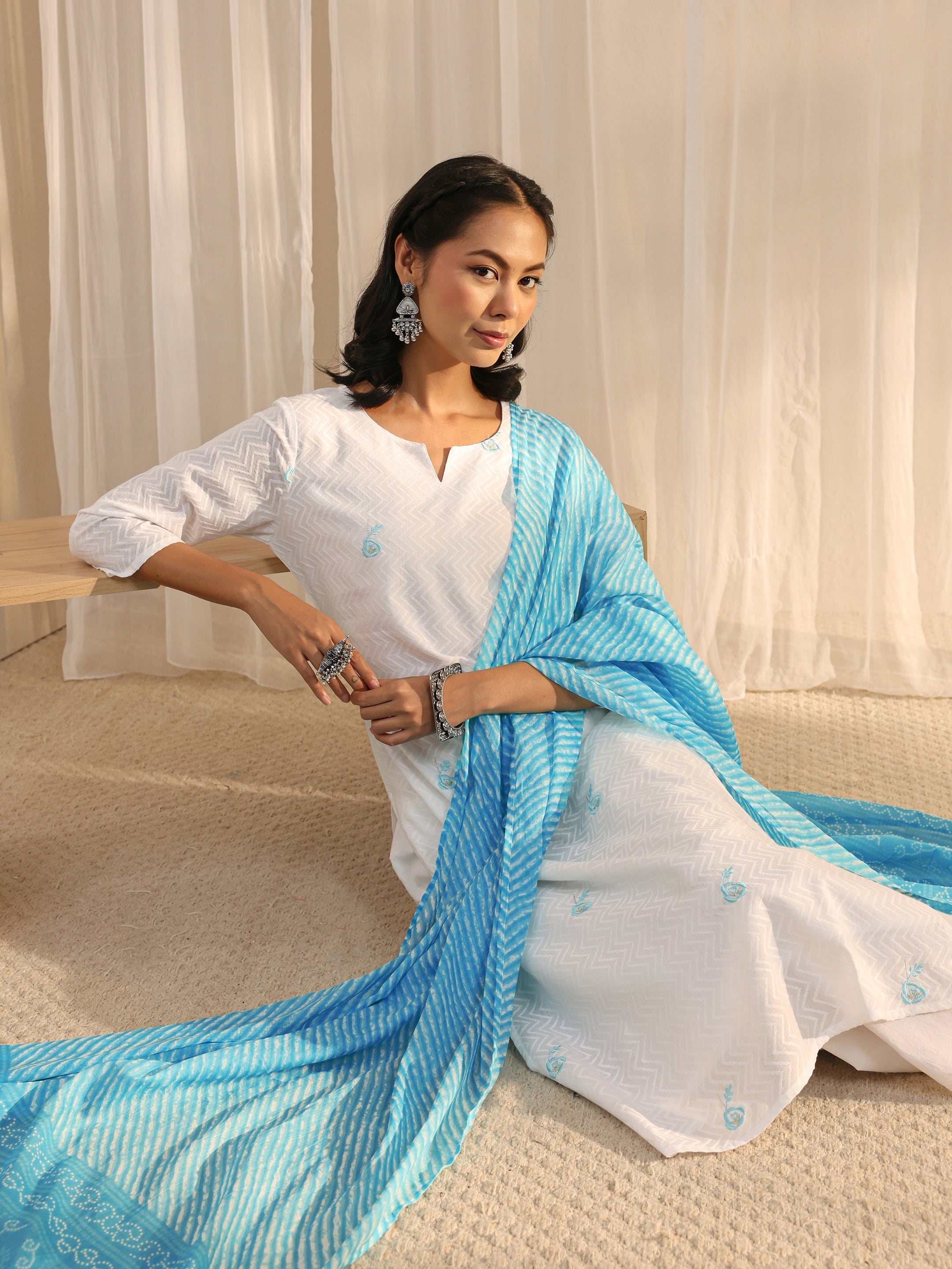 Libas White Chevron Embroidered Cotton Straight Suit Set With Dupatta-picture-29