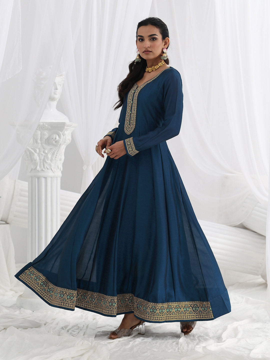  Navy Blue Embroidered Silk A-Line Gown With Dupatta 