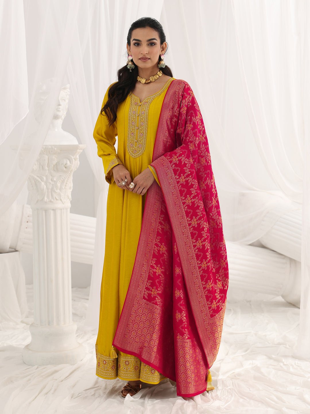  Mustard Embroidered Silk A-Line Gown With Dupatta 