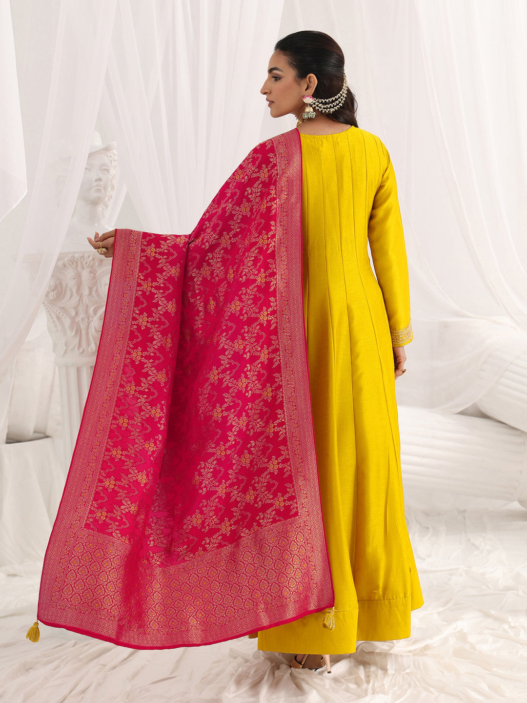  Mustard Embroidered Silk A-Line Gown With Dupatta 