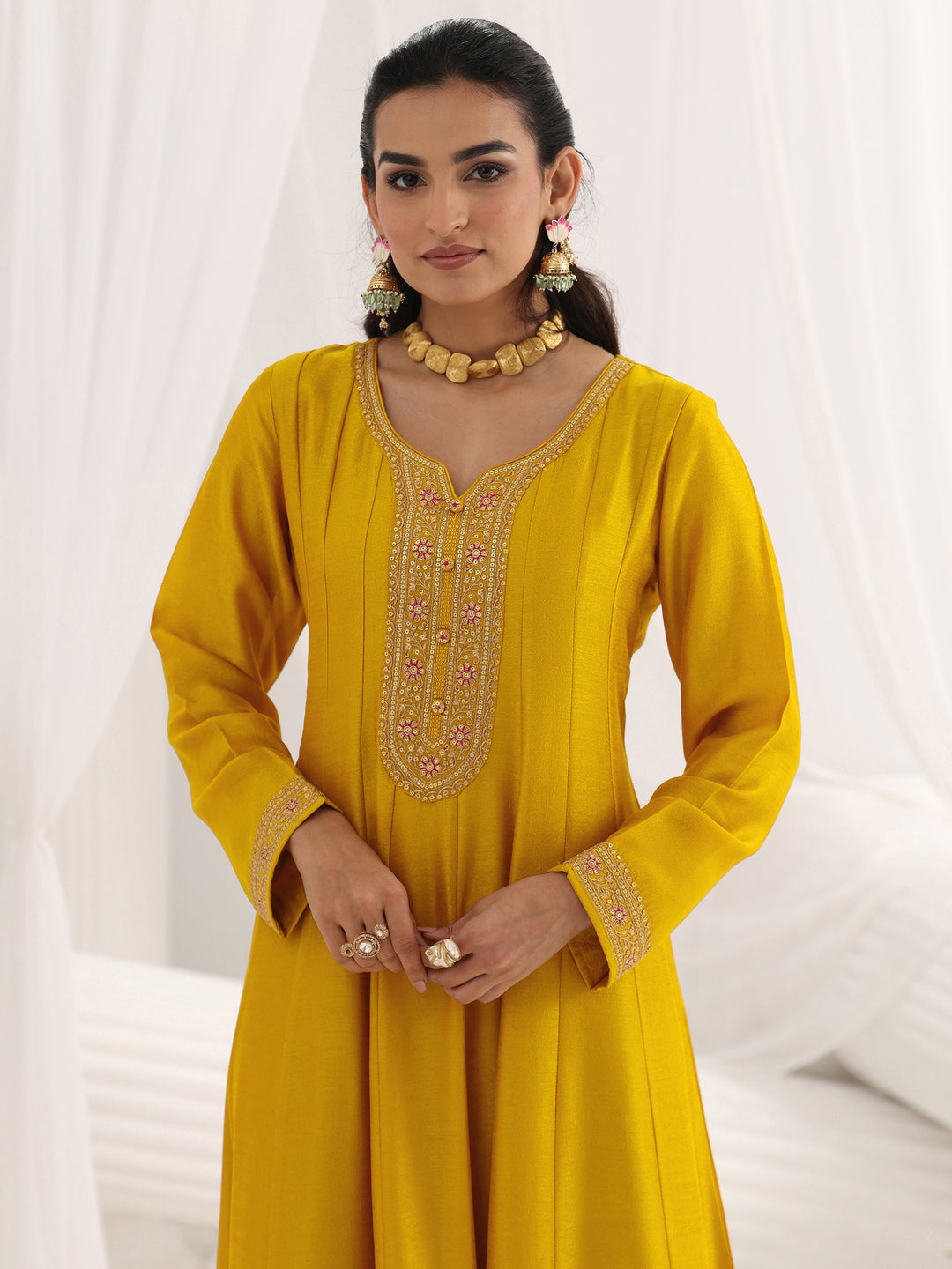  Mustard Embroidered Silk A-Line Gown With Dupatta 