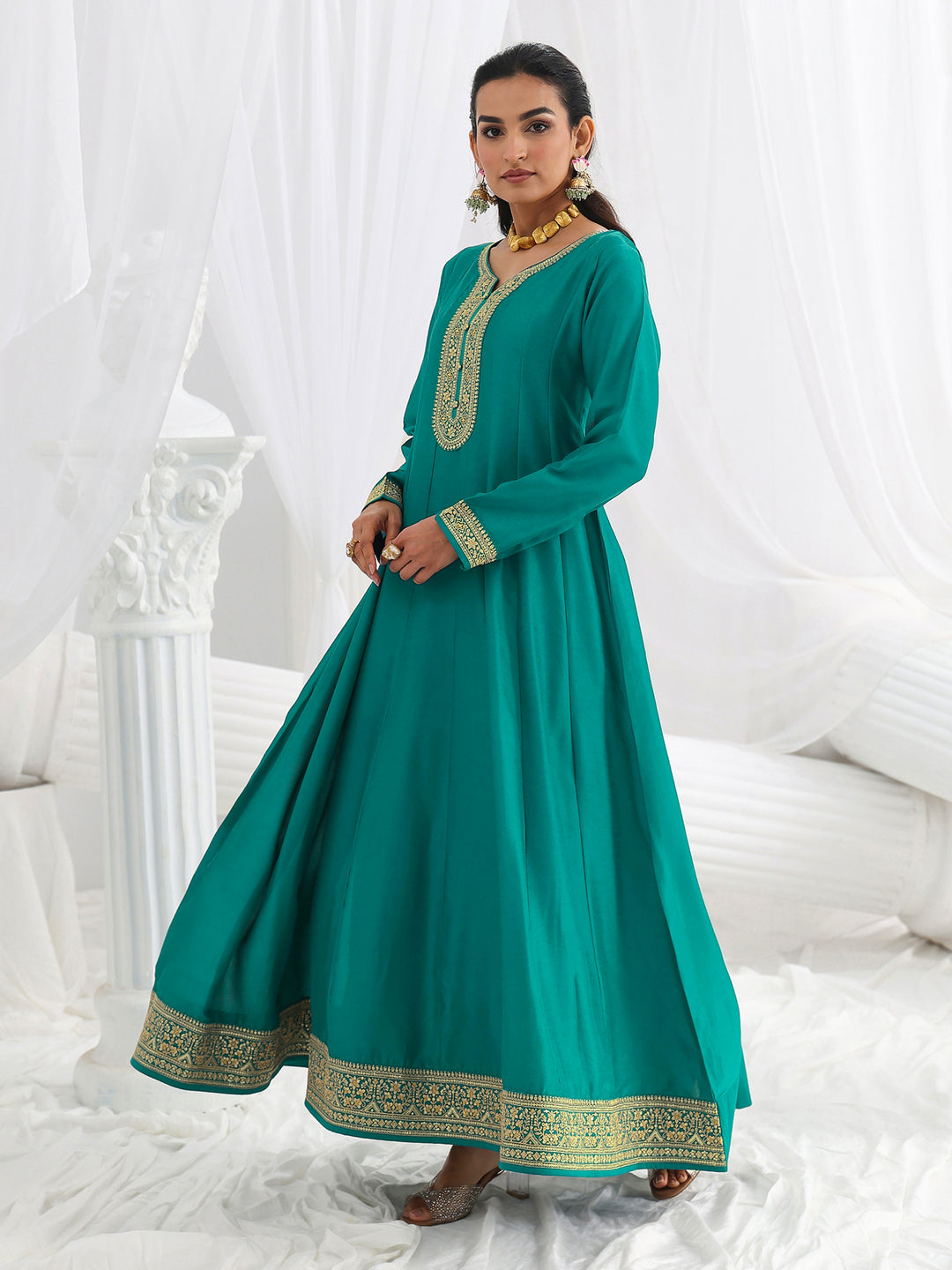  Green Embroidered Silk A-Line Gown With Dupatta 