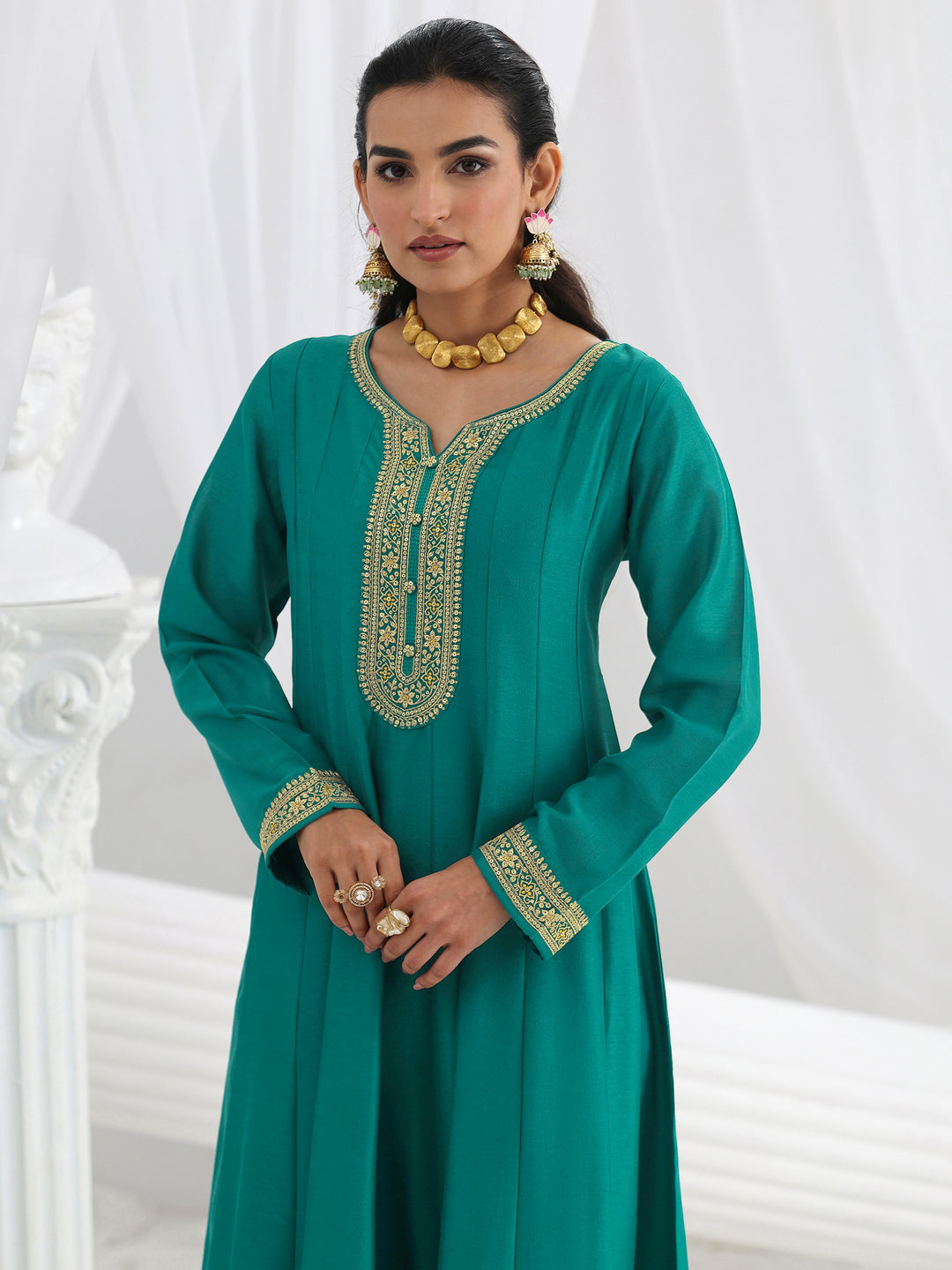  Green Embroidered Silk A-Line Gown With Dupatta 