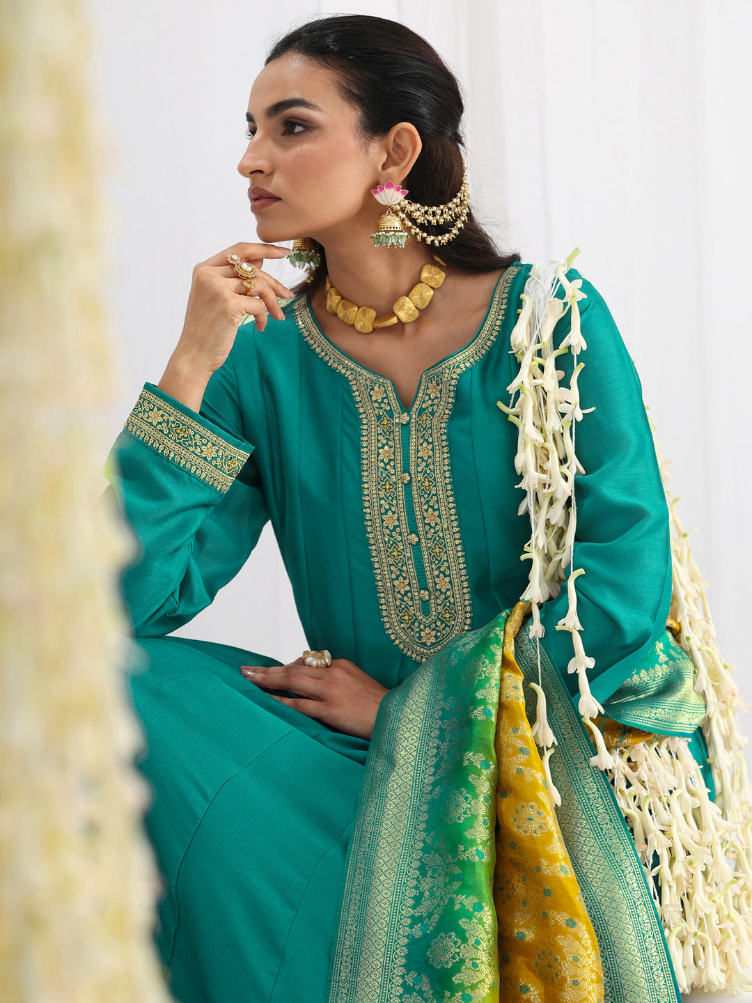  Green Embroidered Silk A-Line Gown With Dupatta 