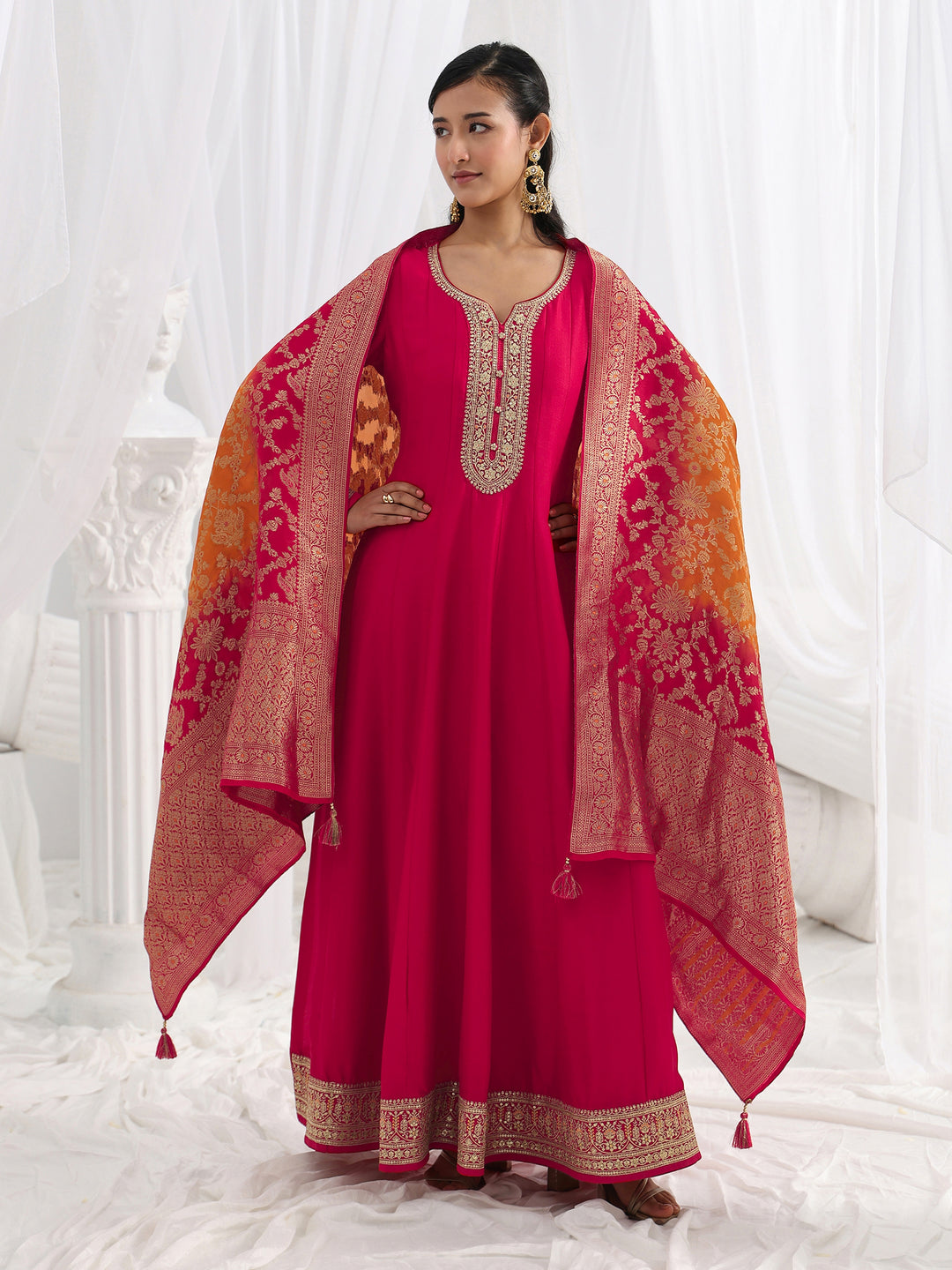  Red Embroidered Silk A-Line Gown With Dupatta 
