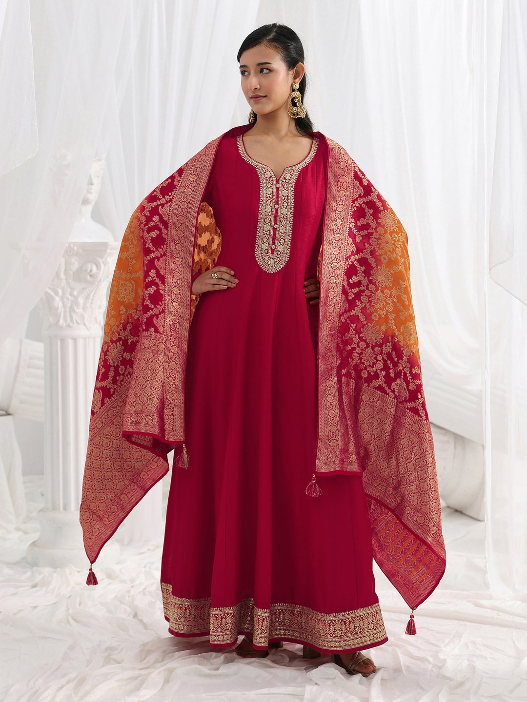  Red Embroidered Silk A-Line Gown With Dupatta 