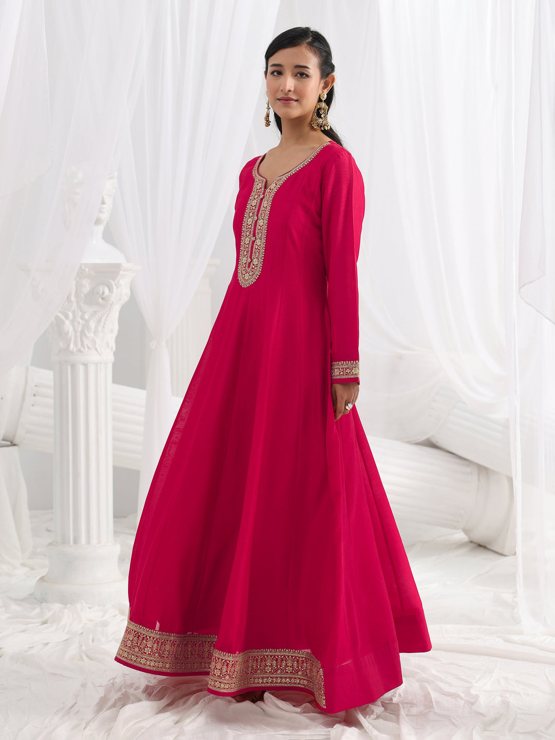  Red Embroidered Silk A-Line Gown With Dupatta 