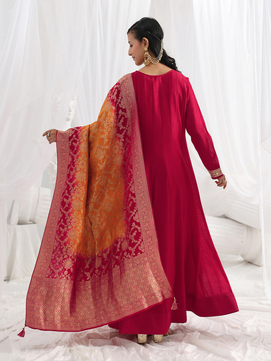  Red Embroidered Silk A-Line Gown With Dupatta 