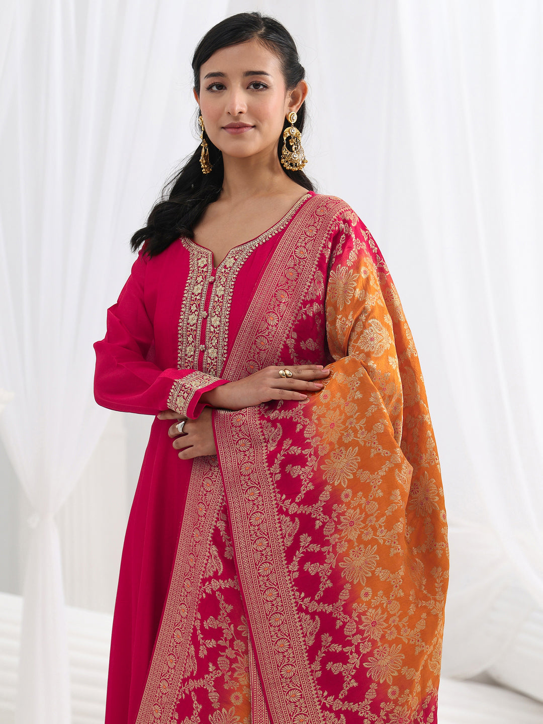  Red Embroidered Silk A-Line Gown With Dupatta 
