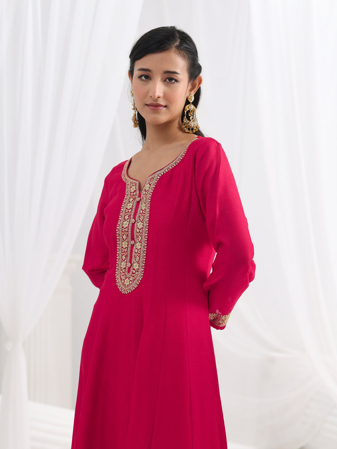  Red Embroidered Silk A-Line Gown With Dupatta 