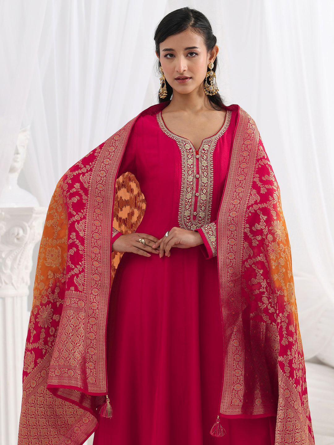  Red Embroidered Silk A-Line Gown With Dupatta 