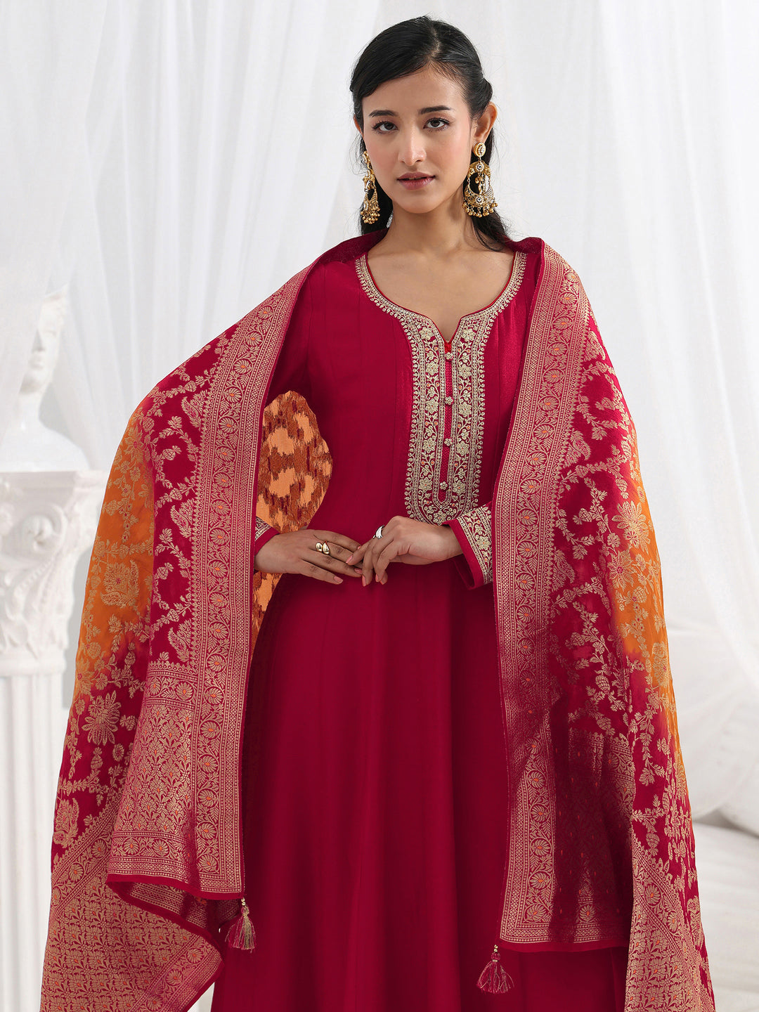  Red Embroidered Silk A-Line Gown With Dupatta 