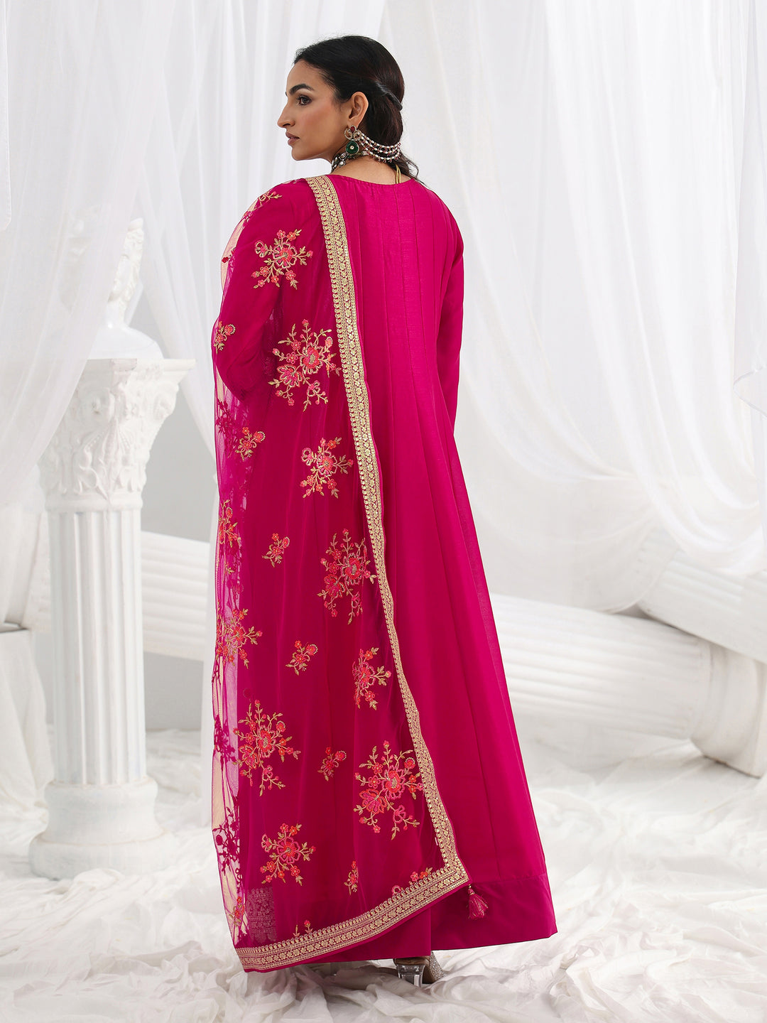  Pink Embroidered Silk A-Line Gown With Dupatta 