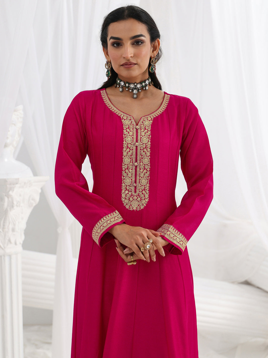  Pink Embroidered Silk A-Line Gown With Dupatta 