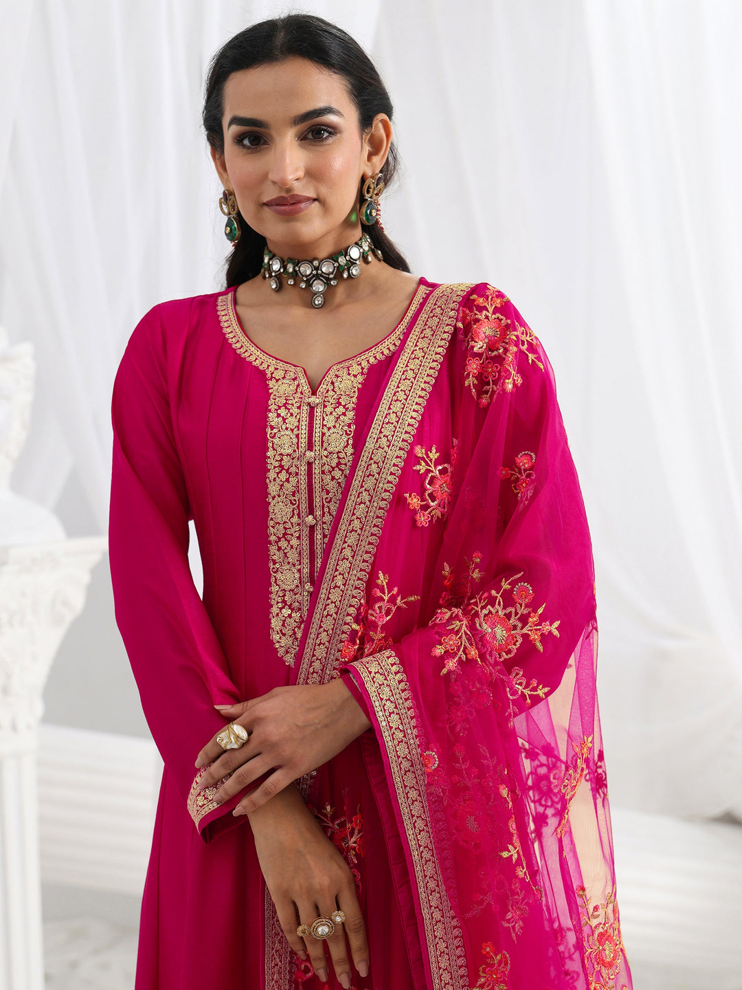  Pink Embroidered Silk A-Line Gown With Dupatta 