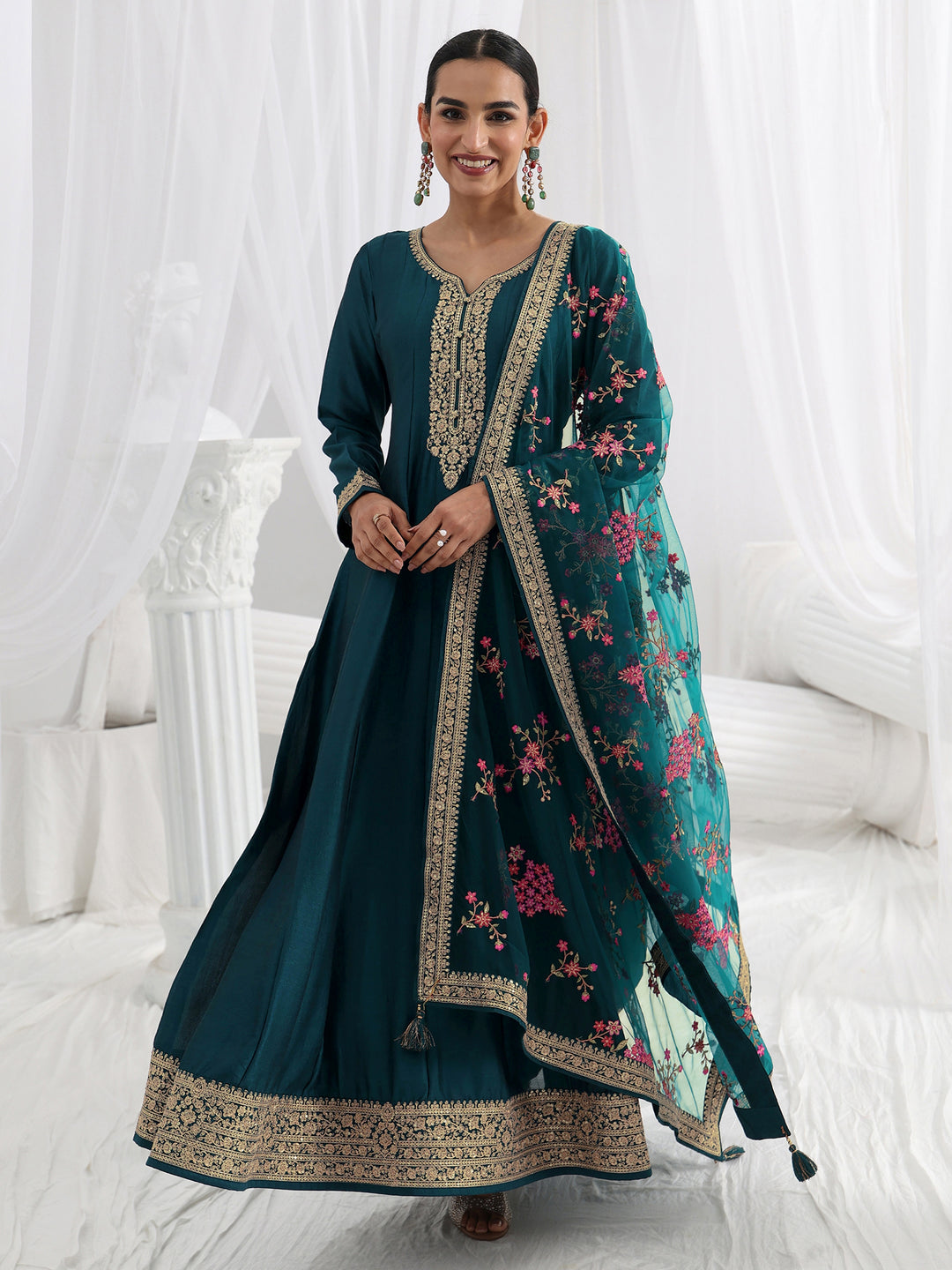  Navy Blue Embroidered Silk A-Line Gown With Dupatta 