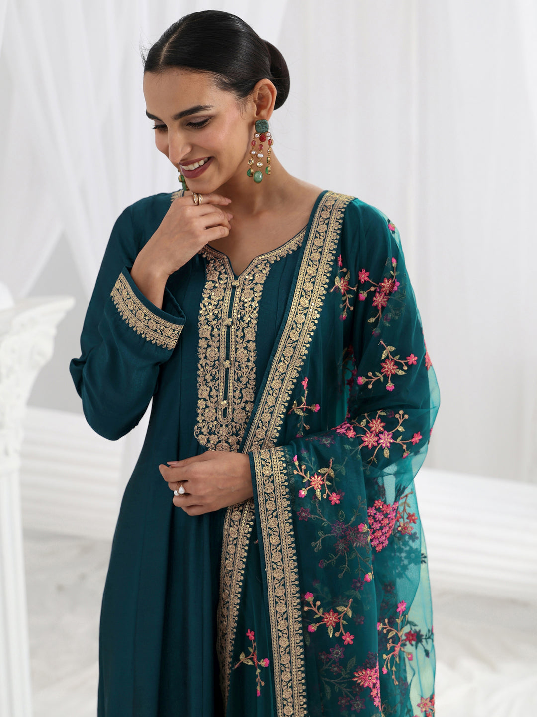 Navy Blue Embroidered Silk A-Line Gown With Dupatta 
