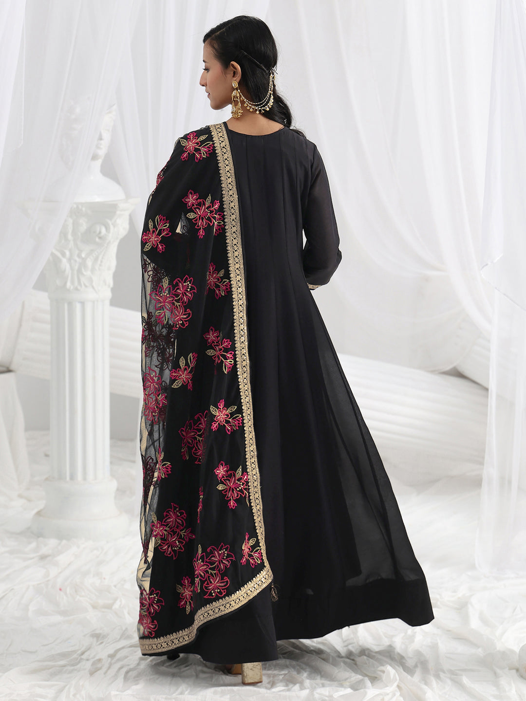  Black Embroidered Silk A-Line Gown With Dupatta 