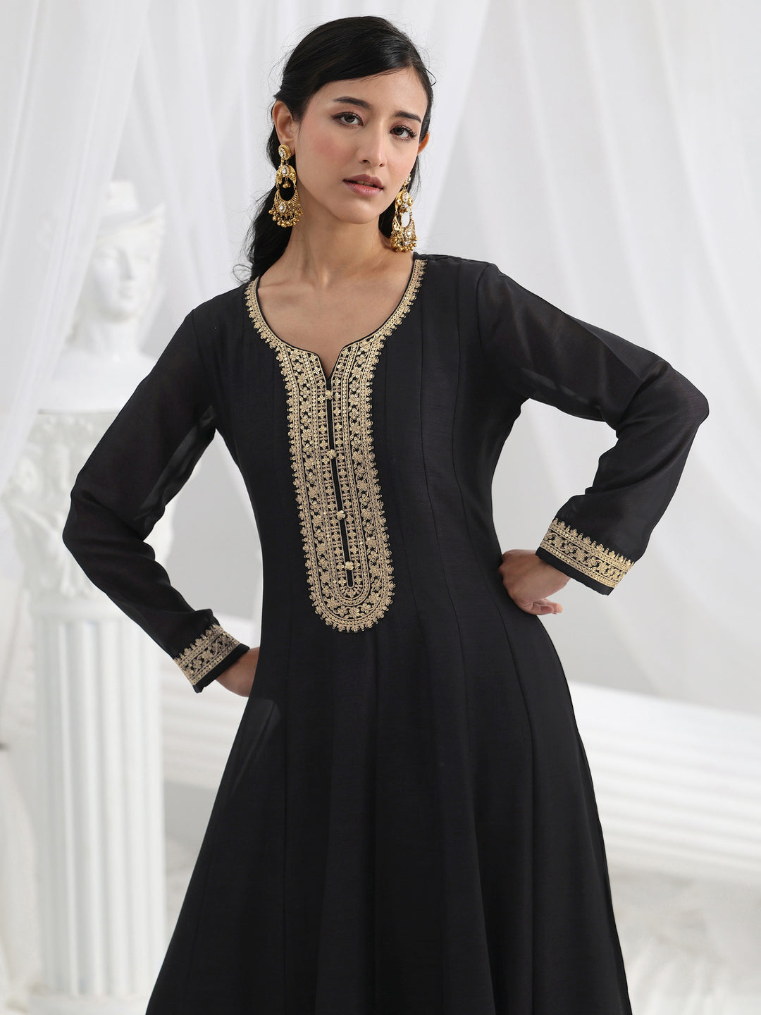  Black Embroidered Silk A-Line Gown With Dupatta 