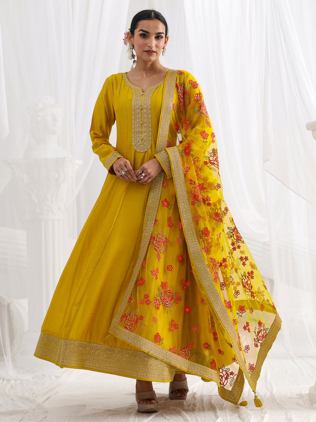  Mustard Embroidered Silk A-Line Gown With Dupatta 