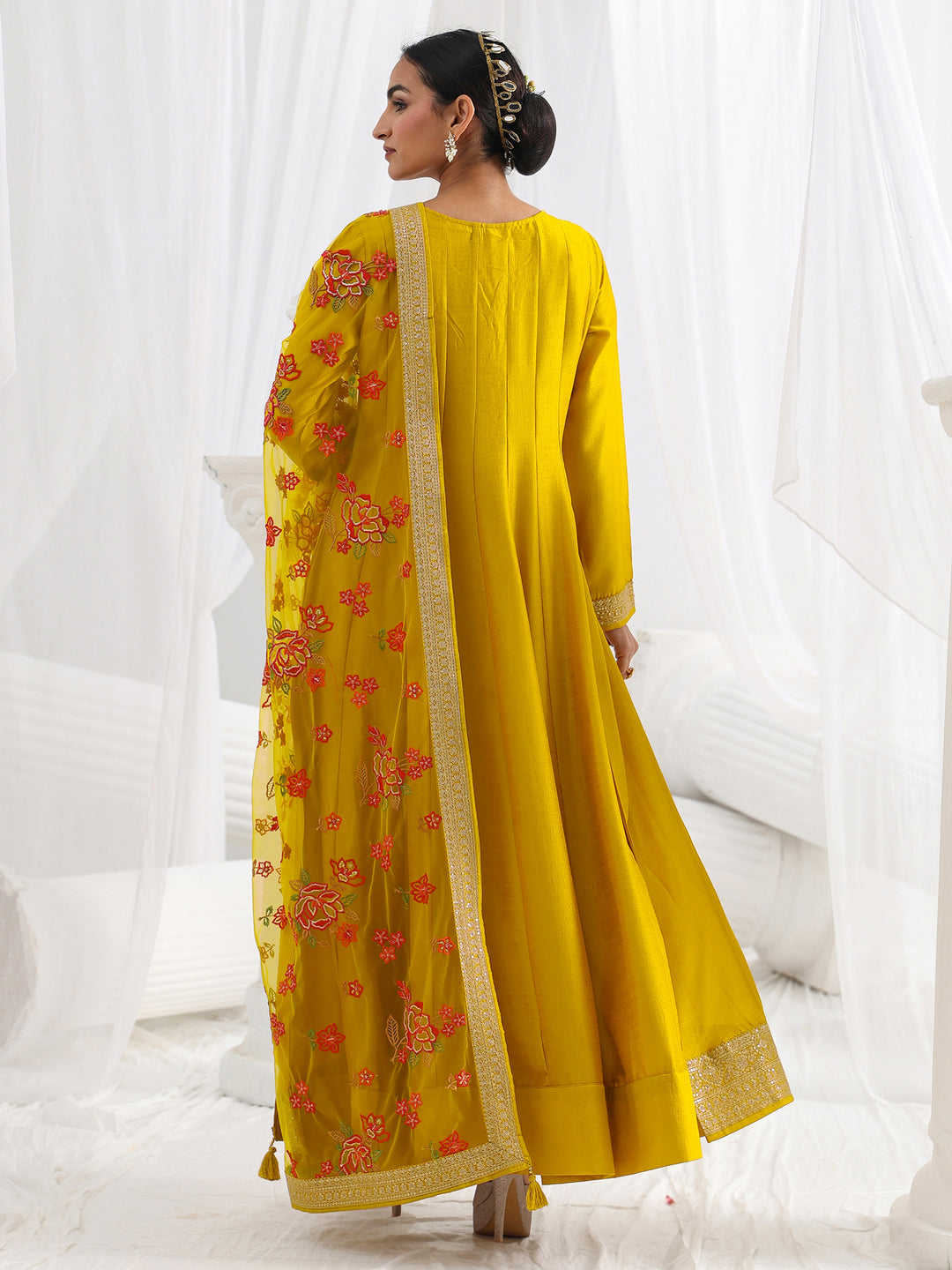  Mustard Embroidered Silk A-Line Gown With Dupatta 