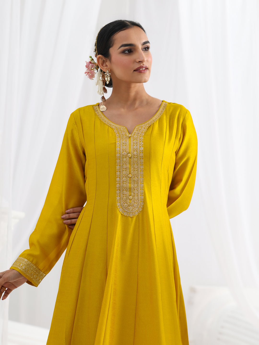  Mustard Embroidered Silk A-Line Gown With Dupatta 