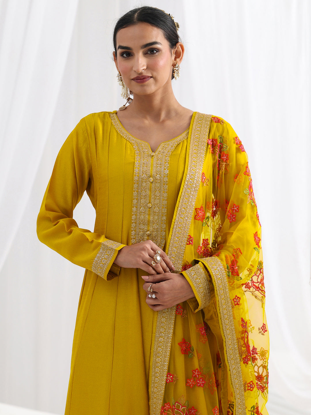  Mustard Embroidered Silk A-Line Gown With Dupatta 