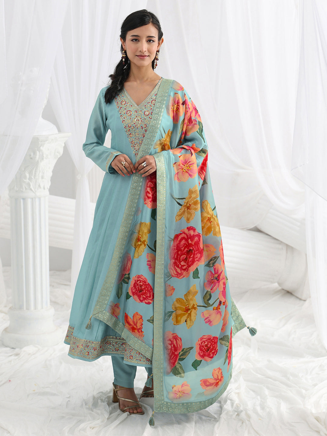  Blue Embroidered Silk Blend A-Line Suit Set With Dupatta 