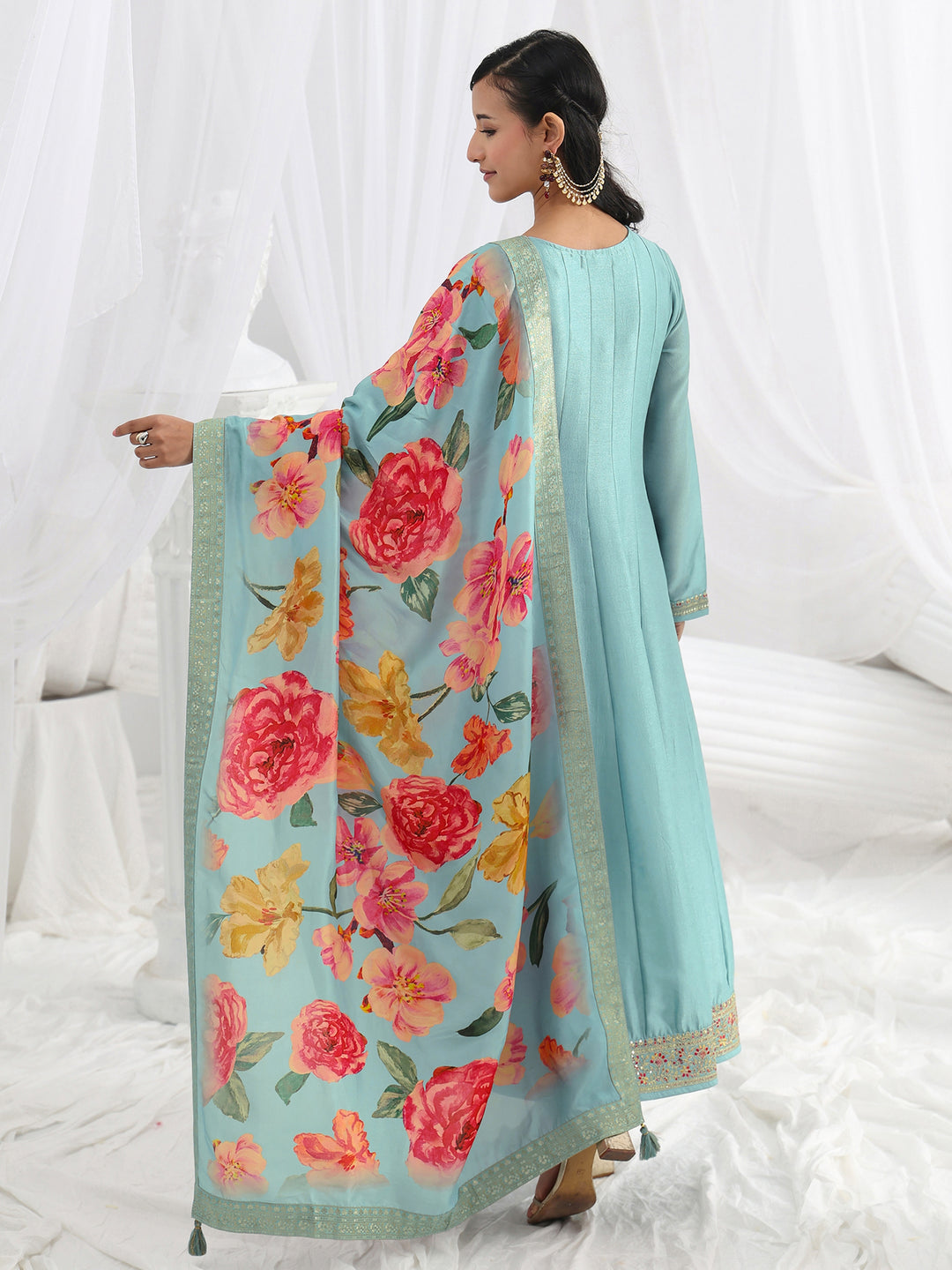  Blue Embroidered Silk Blend A-Line Suit Set With Dupatta 