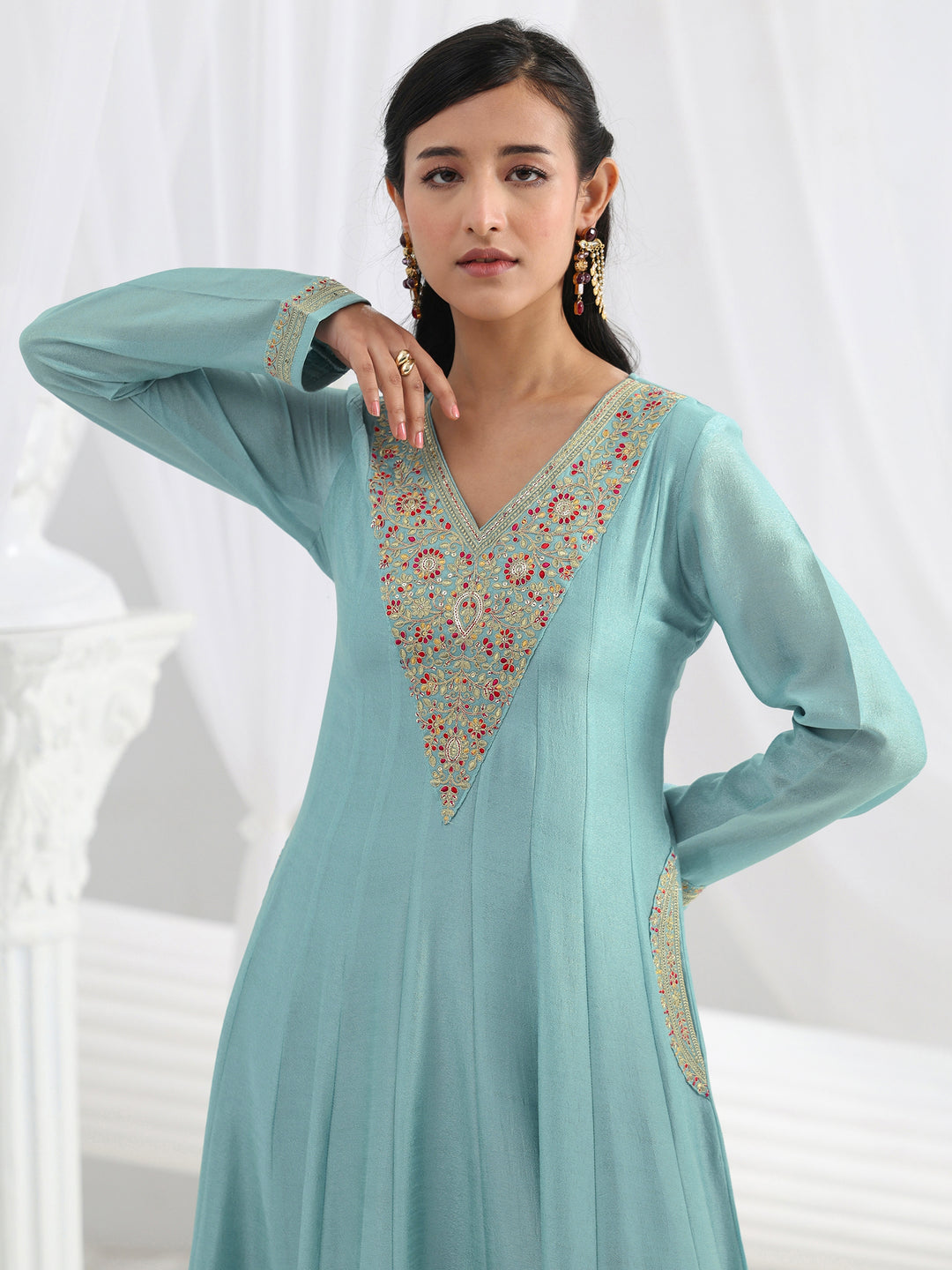  Blue Embroidered Silk Blend A-Line Suit Set With Dupatta 