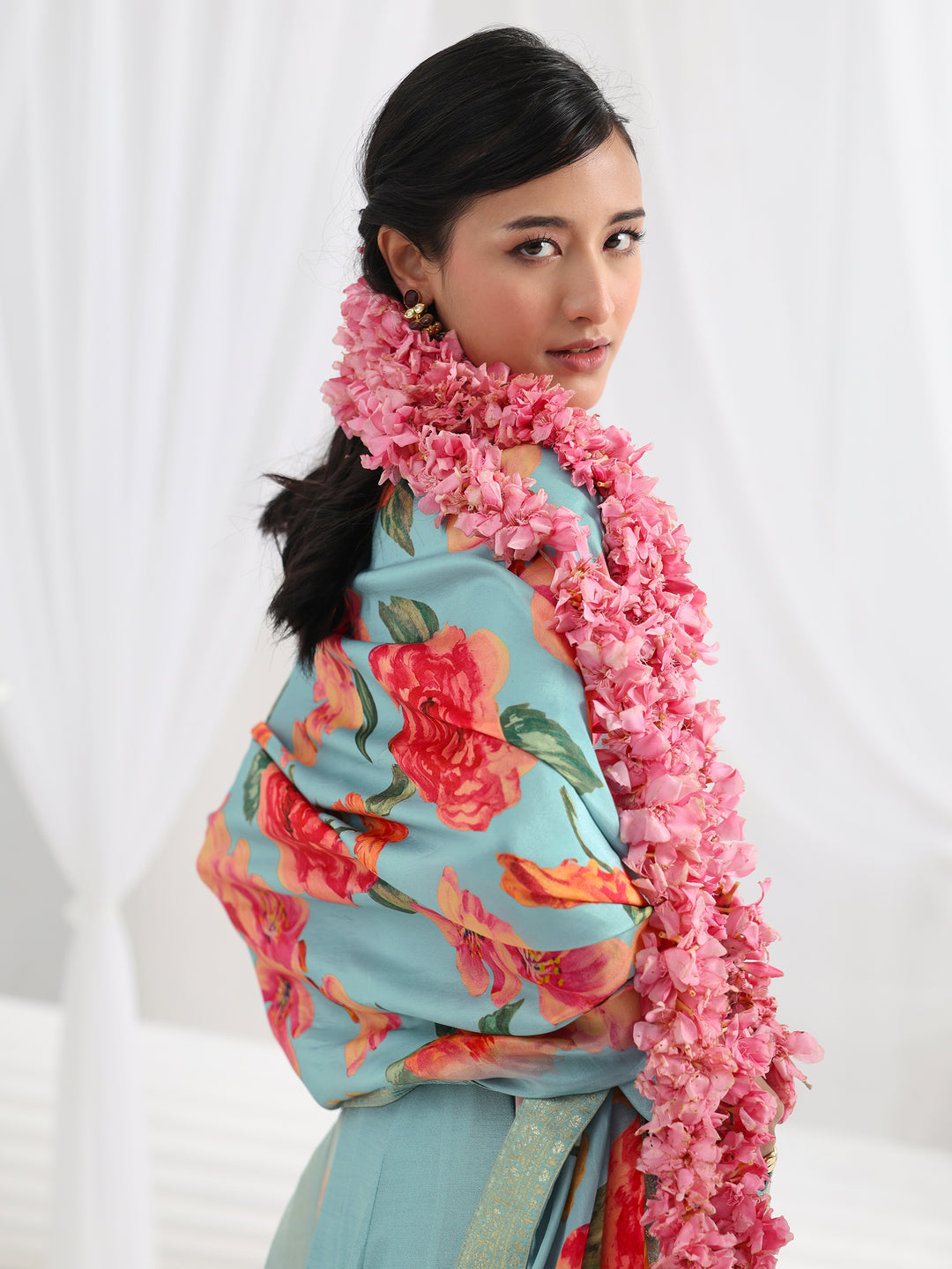  Blue Embroidered Silk Blend A-Line Suit Set With Dupatta 