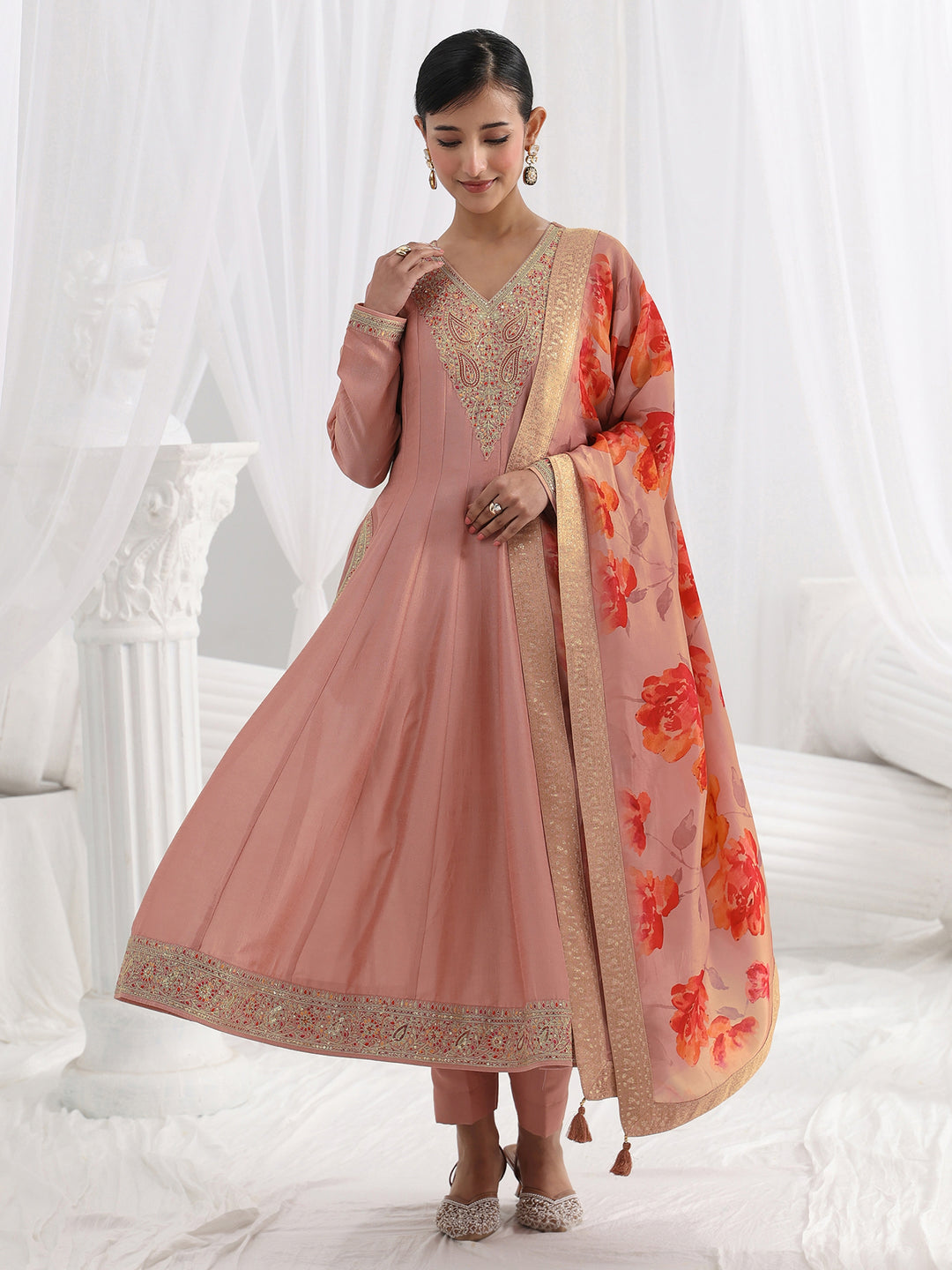  Mauve Embroidered Silk Blend A-Line Suit Set With Dupatta 