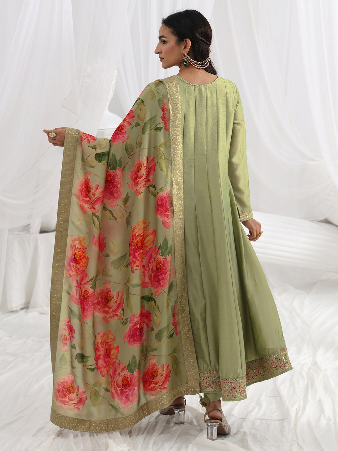  Green Embroidered Silk Blend A-Line Suit Set With Dupatta 
