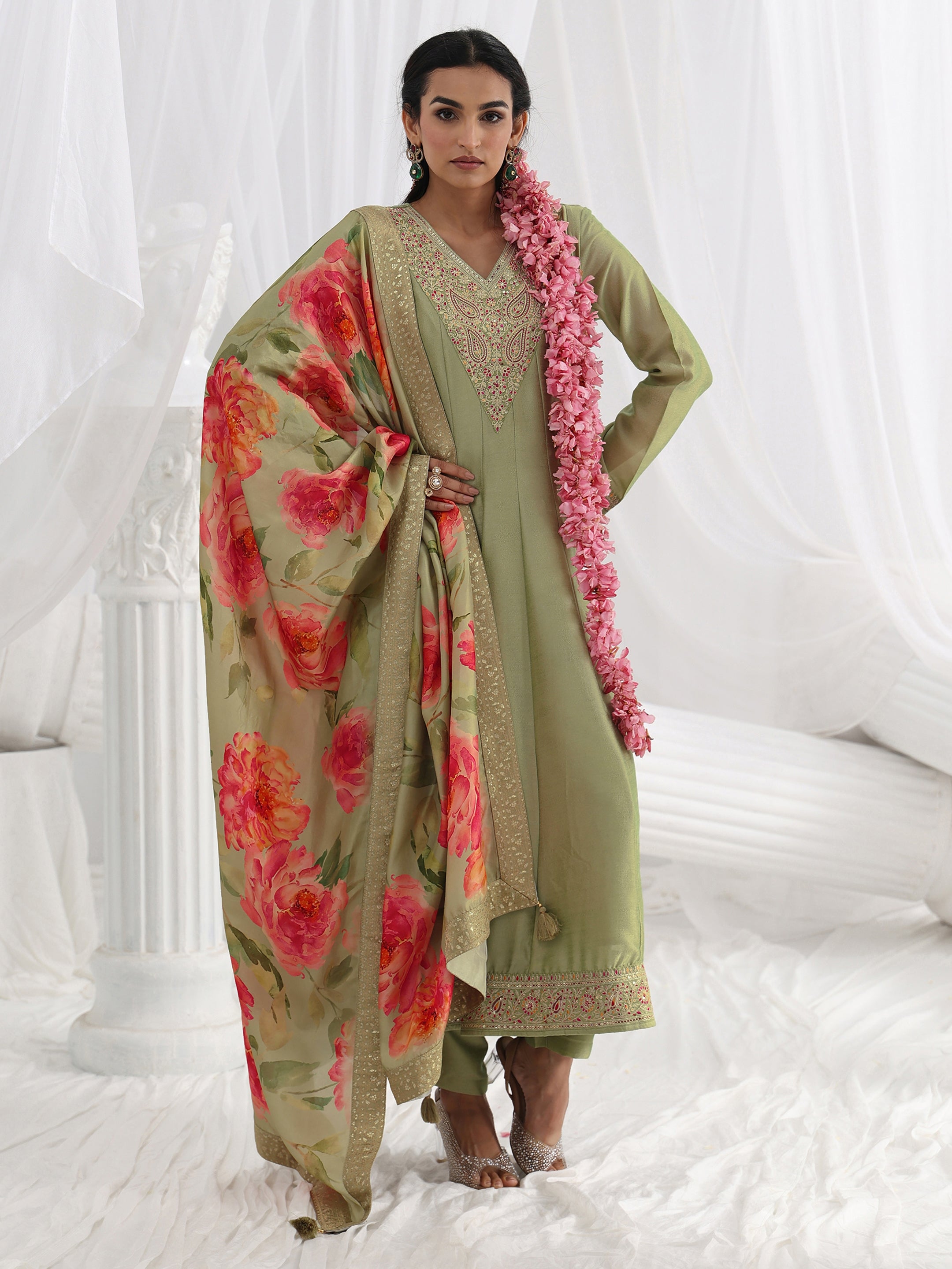 libas Green Embroidered Silk Blend A-Line Suit Set With Dupatta-picture-33