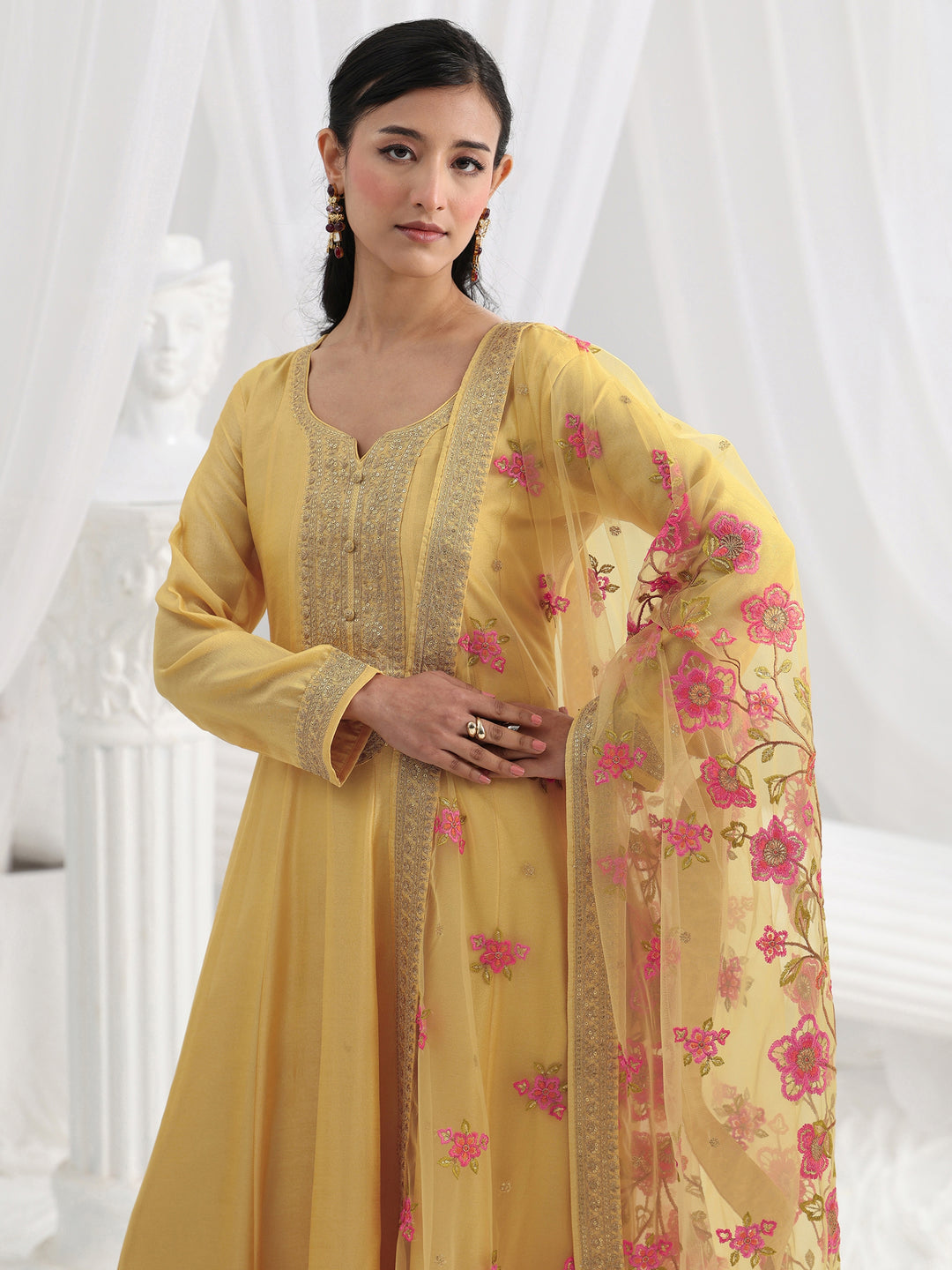  Yellow Embroidered Silk Blend A-Line Suit Set With Dupatta 