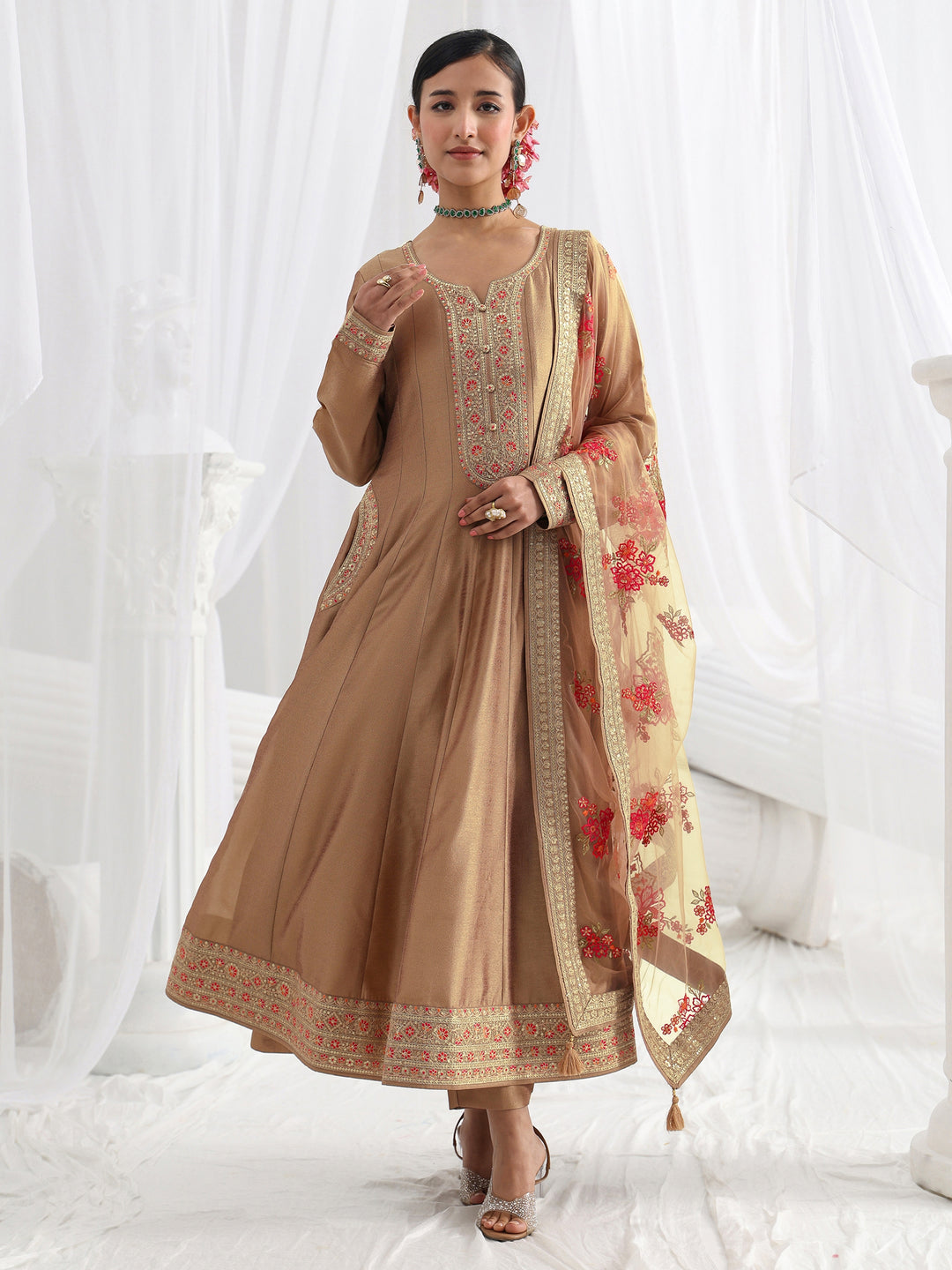  Brown Embroidered Silk Blend A-Line Suit Set With Dupatta 