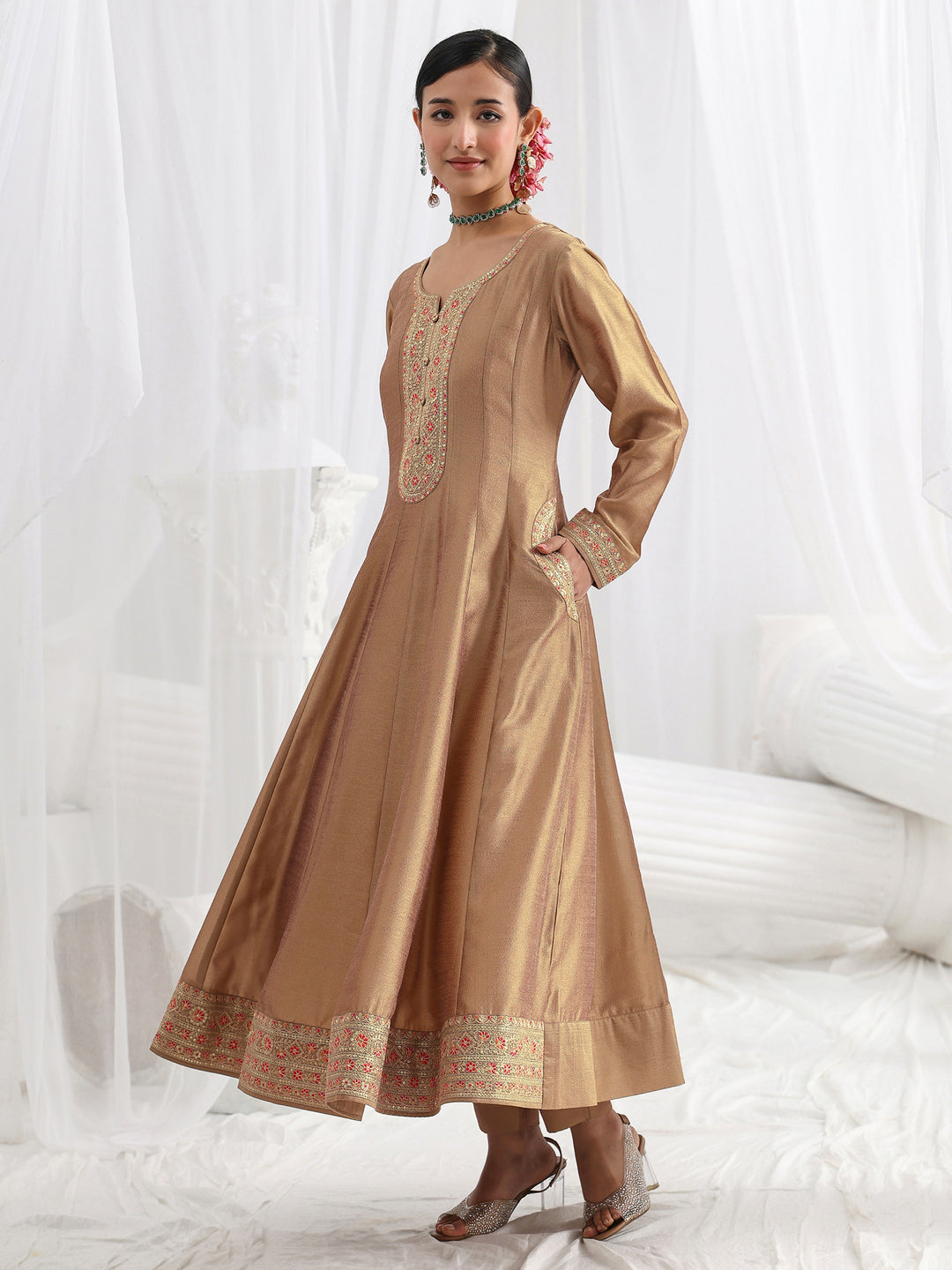  Brown Embroidered Silk Blend A-Line Suit Set With Dupatta 