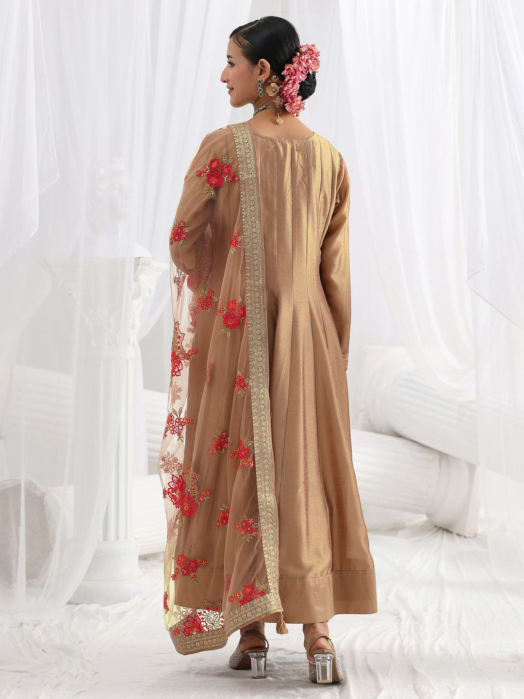  Brown Embroidered Silk Blend A-Line Suit Set With Dupatta 
