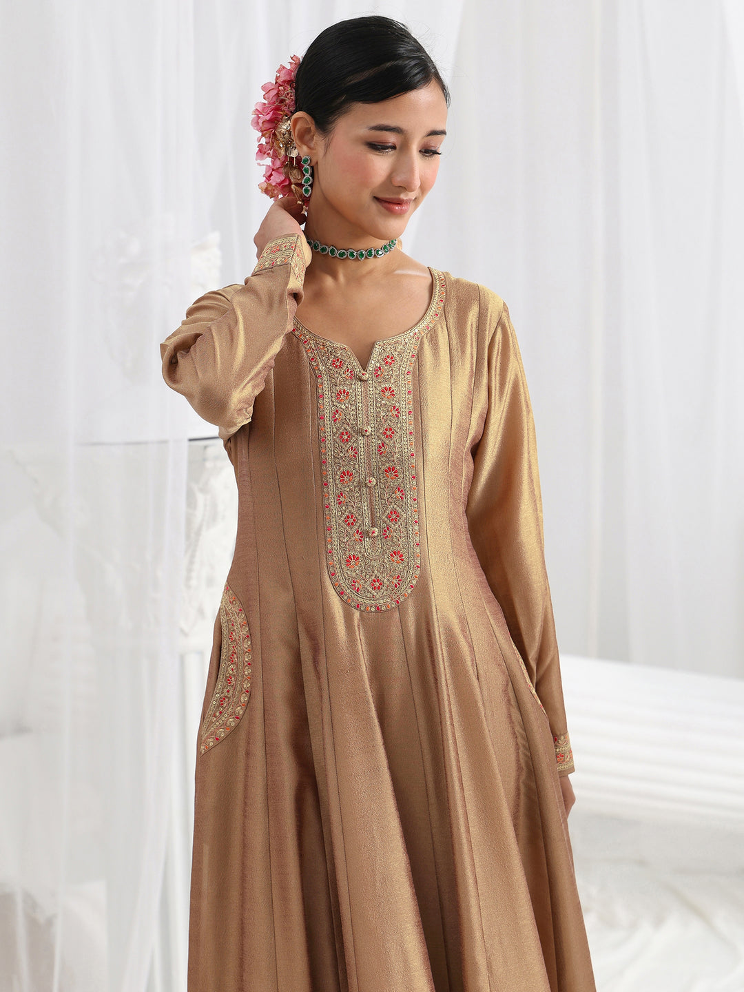  Brown Embroidered Silk Blend A-Line Suit Set With Dupatta 